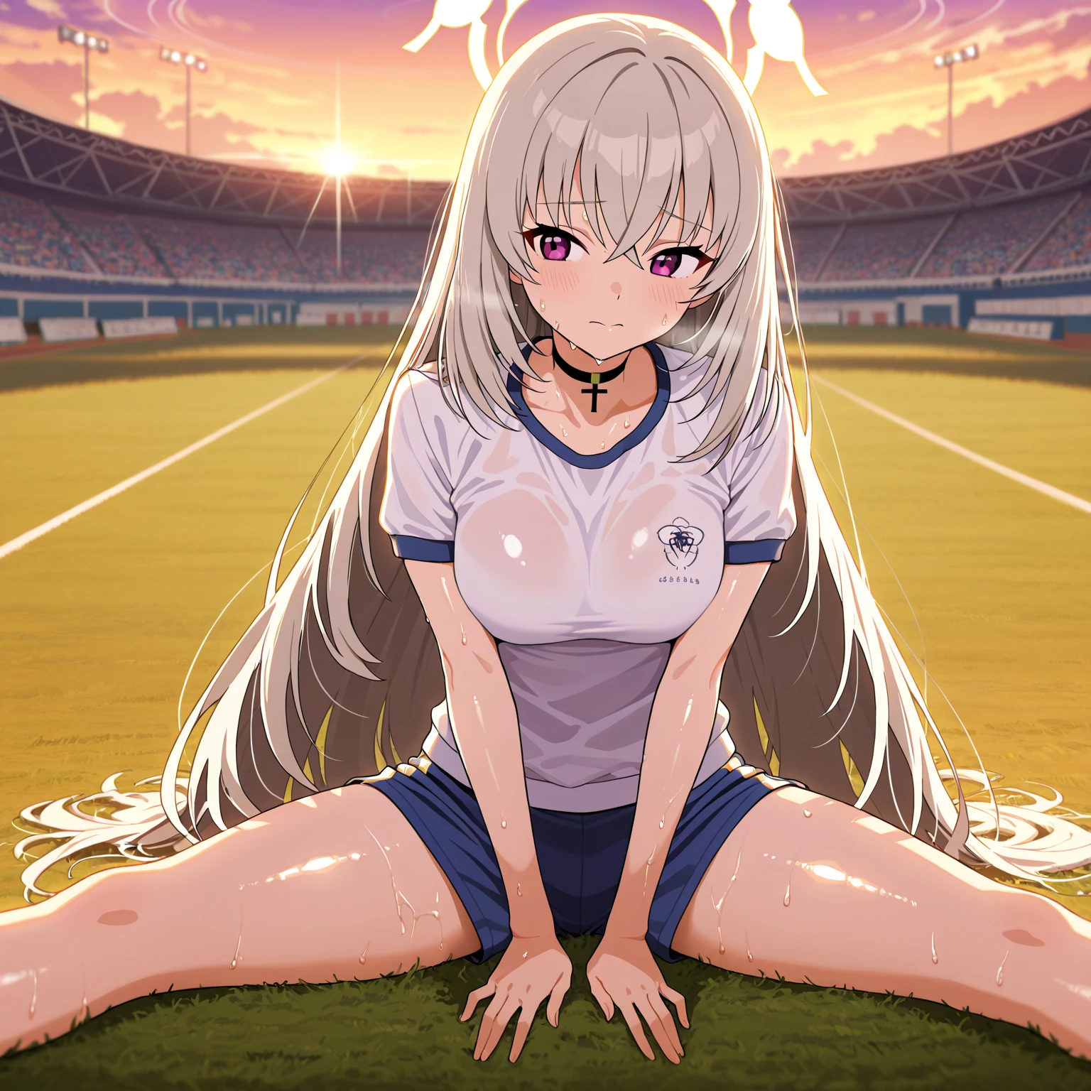 muste piece、masterpiece、highest quality、Super detailed、High resolution、8K portrait、High definition CG of Unity 8k wallpaper、cute type little:1.5、Lori:1.5、Highly detailed CG unity 8k wallpaper、Realistic、real person、 portrait photography、shiny skin、High definition、(16 years old:1.2)、(1 girl)、beautiful clear eyes、extremely detailed description、delicate face、nice lips、slender body、medium breasts 同 thin waist、thin legs、(Atlantic stadium track:1.6)、1 girl, cute type, perfect face, seriously, (blush:1.5),(silver hair long hair:1.3),medium breasts 同,(short sleeve gym clothes:1.2),((clothes lift:1.5)),((I have nipples)),((climax in vagina:1.5)),gran,(squat:1.2)