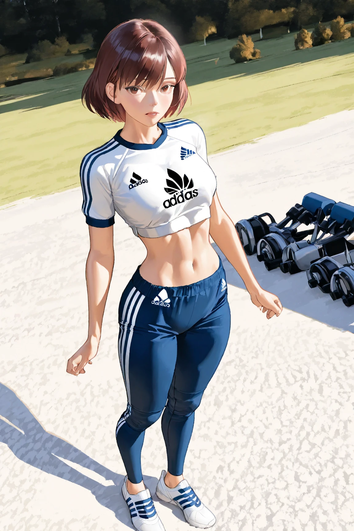 Photo of a asian female soccer player with saggy breasts, (((??????????))) in the middle of soccer field, 20yo, petite, slender body, tall body, fair skin, dimples, light, detailed face, embarrassed face, ((looking disgusted)), ((very angry)), (dissapointed), Perfect breasts, big breasts, natural breasts, big nipples, E cup, (((short hair))), (((jersey))), (((sport bra))), (((goalkeeper gloves))), (((short pants))), (((short pants pull))), (((sport underwear))), (sweat:1), (wet)