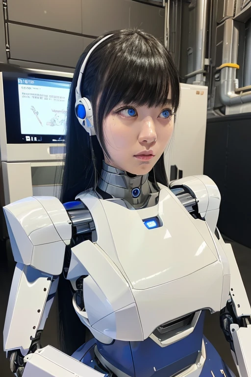 masterpiece, best quality, extremely detailed, Japaese Cyborg Girl,Plump ,control panels,android,Droid,Mechanical Hand, ,clothes with a sense of mechanical technology, Robot arms and legs, Black Robot Parts,Black hair,Mechanical body,dress shirt,long vest,Blunt bangs,White abdomen,White robotics parts,perfect robot woman,future laboratory,cyber pank,charging spot,laboratory,long tube,thick cable connected her neck,kneel on the floor,bowing,ceramic body ,mechanical body,blue eyes,android,robot humanoid,rolling eyes