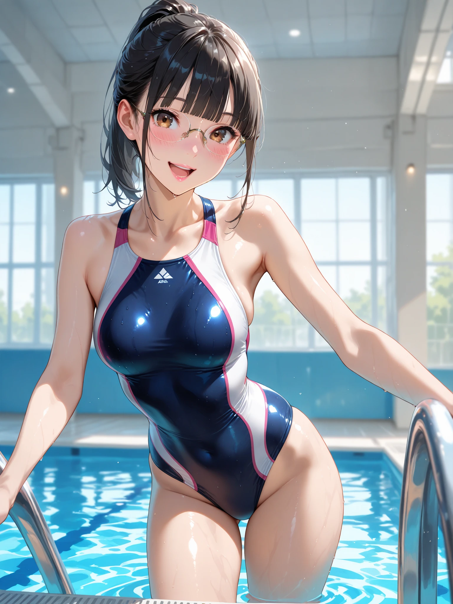 ((masterpiece,best quality,ultra detailed,high resolution)),(daytime,clear weather,lighting forward,bloom),((solo,woman)),(black hair,straight hair),(beautiful detailed face,beautiful detailed eyes),(finely detailed skin,fair skin),slender,smile,(competition swimsuit),(on the pool,beautiful sky),(sitting,spread legs,close up pussy,from below),