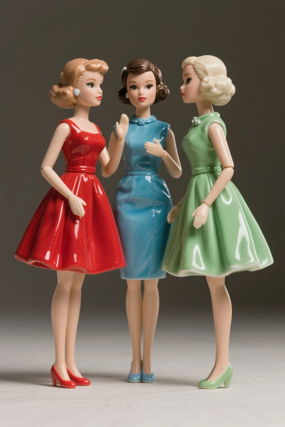 I want two identical adult dolls with 60s clothes, one with a black dress with white polka dots, the other with a yellow dress, with bows and gloves on their hands, black ballerina style shoe