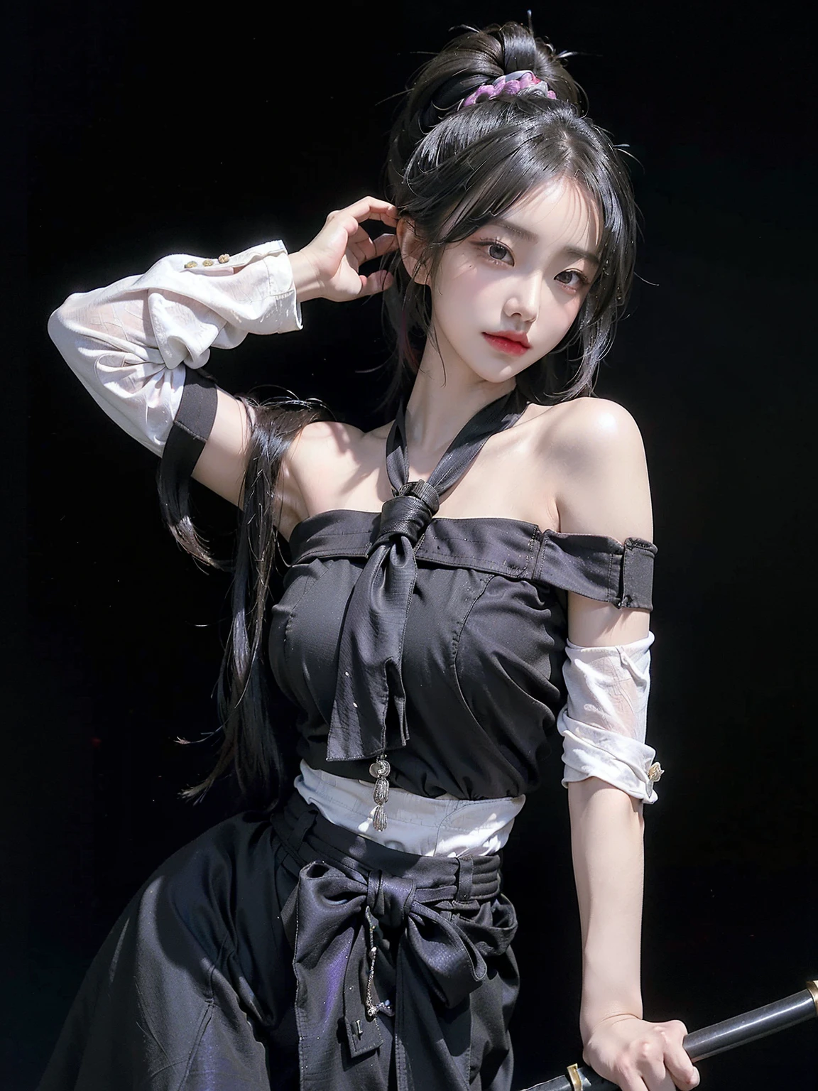 RAW Photos, 8k, (highest quality), Realistic, (live-action, Intricate details), (Natural skin texture, Detailed skin, Hyperrealism, Sharpness), (Japanese teenage girl standing in a dirty back alley at night, Put your hands on your head, graffitied wall:1.3), ((Gray and white Jirai fashion)), (Pale skin:1.2), Slender body, ((Braid, Blunt bangs)), (Fascinating face, Provocative look, Lips parted:1.3, eye shadow, eyeliner, Tear bags:1.2, Red lips), graffiti:1.5, at night, Spot lighting:1.3, Upper Body Shot