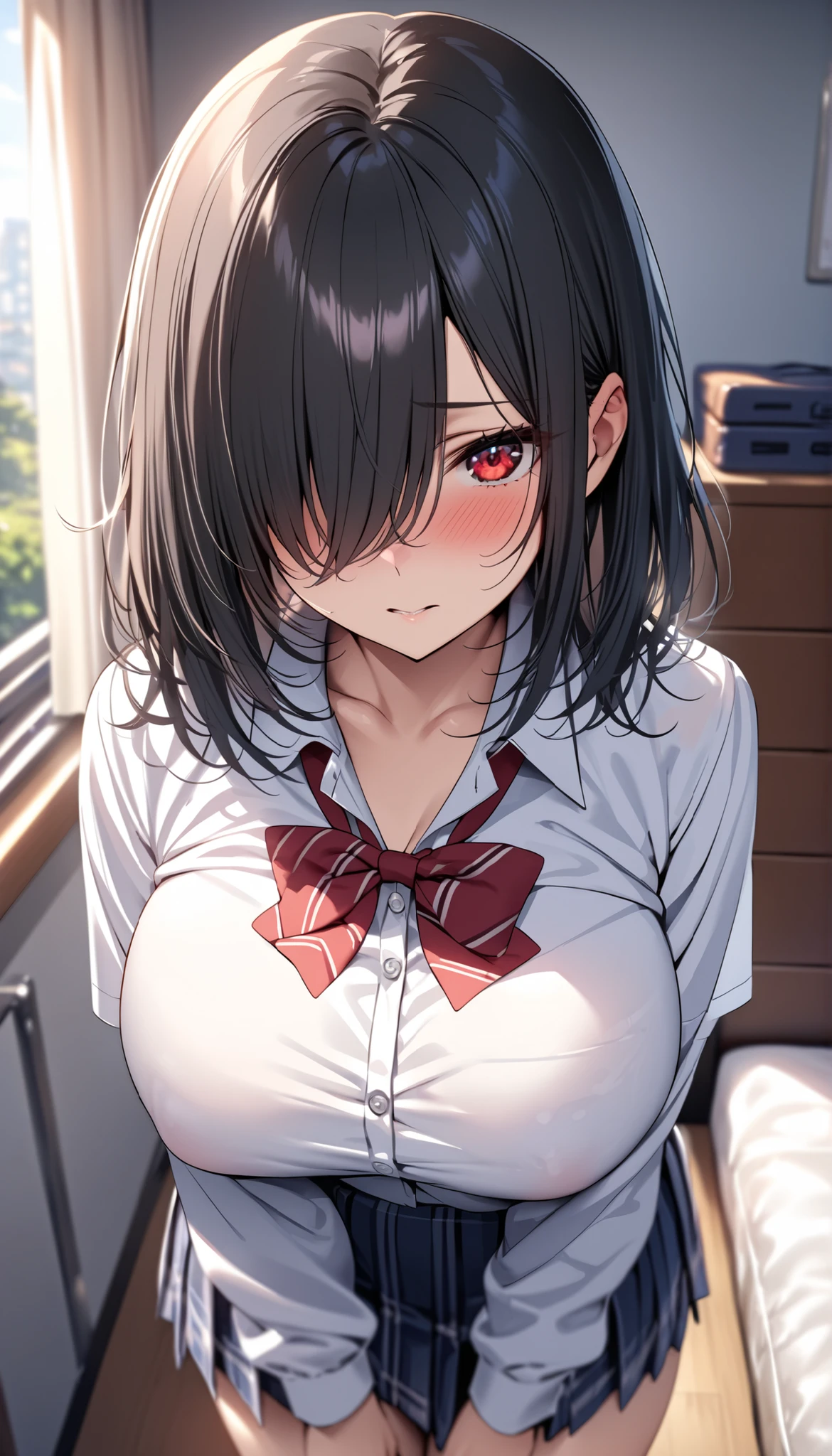 beautiful girl, sixteen years, erotic, slender, short black hair, red eyes, school shirt, open clothes, lingerie bra, skirt, love hotel room, ahegao