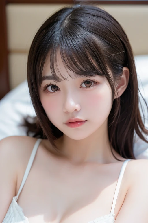 Highest quality, (beautiful)、lingerie、Larger breasts、Brown Hair、looking at the camera、bed、Sleeping on your stomach、Close-up、Place your hand on your cheek、Embarrassed
