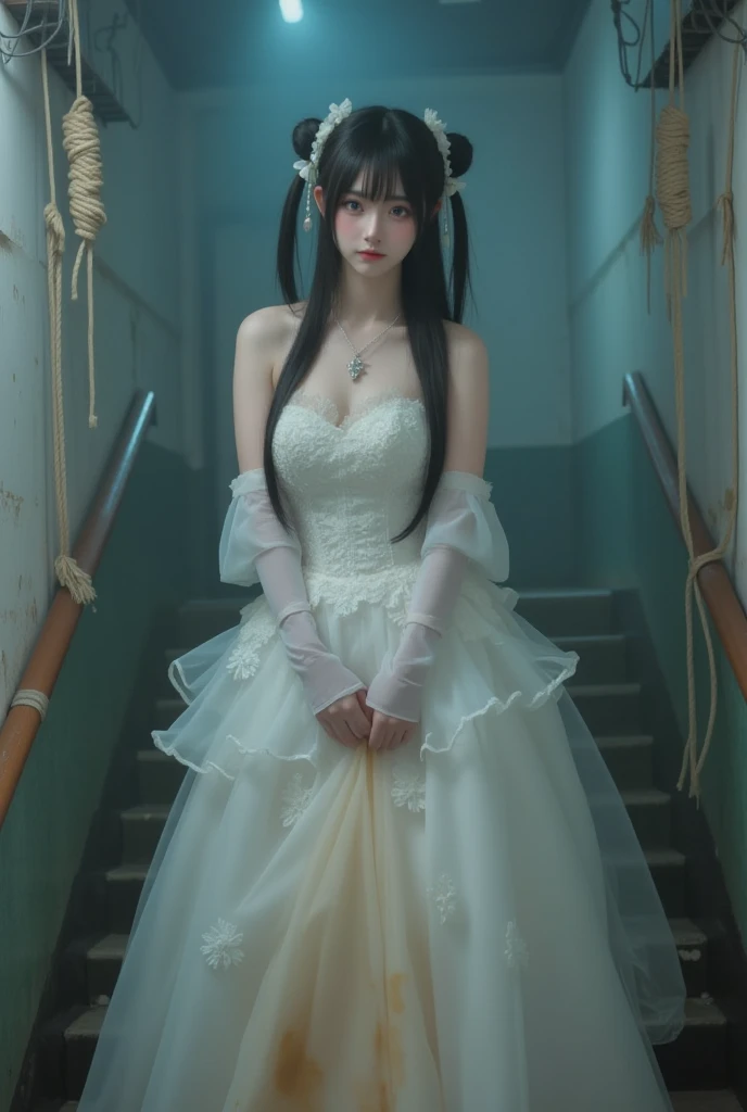 ((high quality)), ((masterpiece)), 8k, 1 girl, extremely detailed CG unity 8k wallpaper, blue hair, long flowing hair, wind, blue eyes, bright smile, happy, wearing white wedding dress, mythical style wedding dress, blue high heels, wedding flowers, wedding fairy, myth, flying flowers, shimmering altars, lights, churches, mythical creatures, seabed design halls, sea creatures swimming in the air, party guests, beautiful eyes, nameless happiness, fine detailed eyes, detailed face, fine quality eyes, realistic lighting, backlight, face lights, ray tracking, blue hair, standing on the aisle, beautiful bride, Korean girl, Big and gorgeous wedding dress, looks like a princess