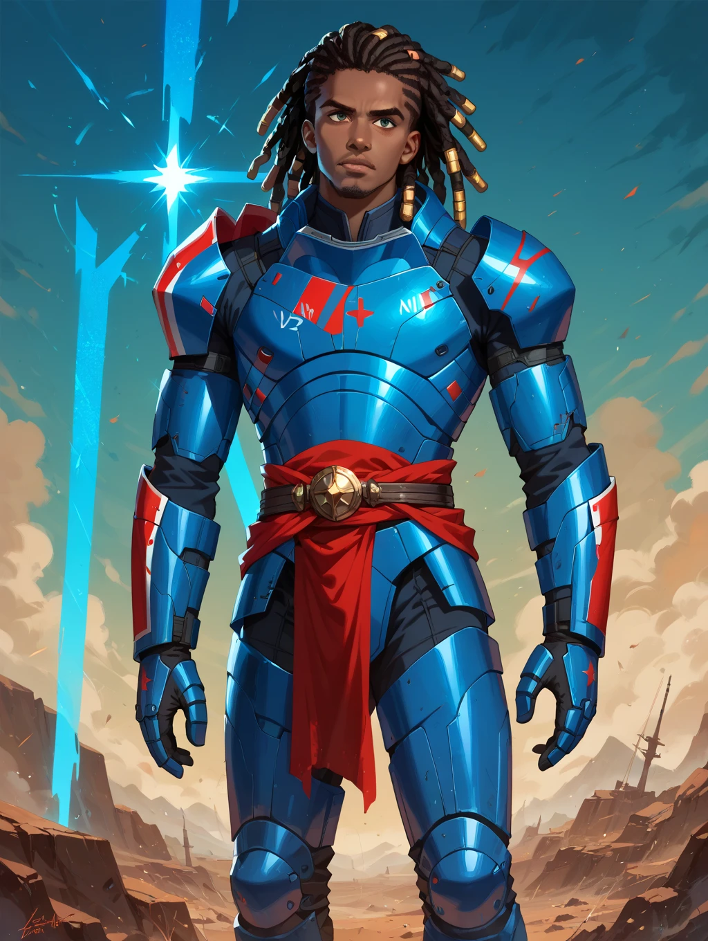 science fiction light  armor,,Dark-skinned male teenager, biotic super power, blue energy, african hair dreadlocks, light armor, ,flat color, blue armor, ,flat color,light armor, , blue and gray armor, , in a battleground ,, Strenua, in battle scene with background , red long sash,flat ,, lght armor red and blue, young, 1boy solo,young man  teenager  tall,belt red sash,flat ,,