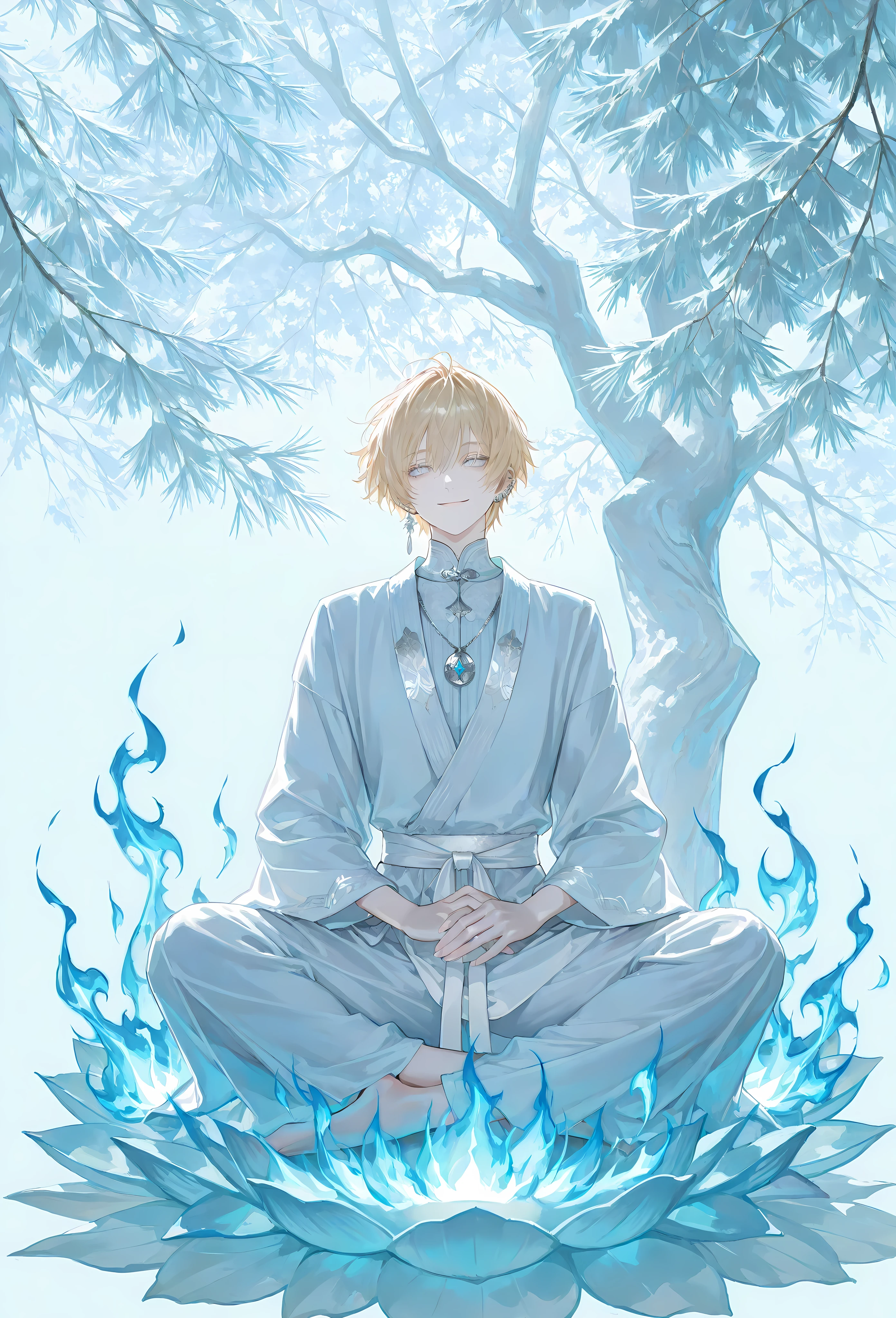 8k, beautiful masterpiece, looking out at the front, alone, pale skin, Perfect Eyes shape, Athletic Build, ((He wears: Pristine White Elaborate Silky Dachang (大氅), White Jade Silver Amulet, Pristine White Sash)), (((background is Sakura tree, smiles warmly and thoughtful while sitting in the Lotus position, meditating and conjuring blue flames))), 1 man, mature man, male-centered, handsome man, handsome, short hair, messy hair, blonde hair, silver ear piercings, Thick painted, (((pale blue eyes))), Perfect Eyes, masterpiece, top quality, amazing quality, exquisite details, very detailed, semi-realism art, semi-realism art style