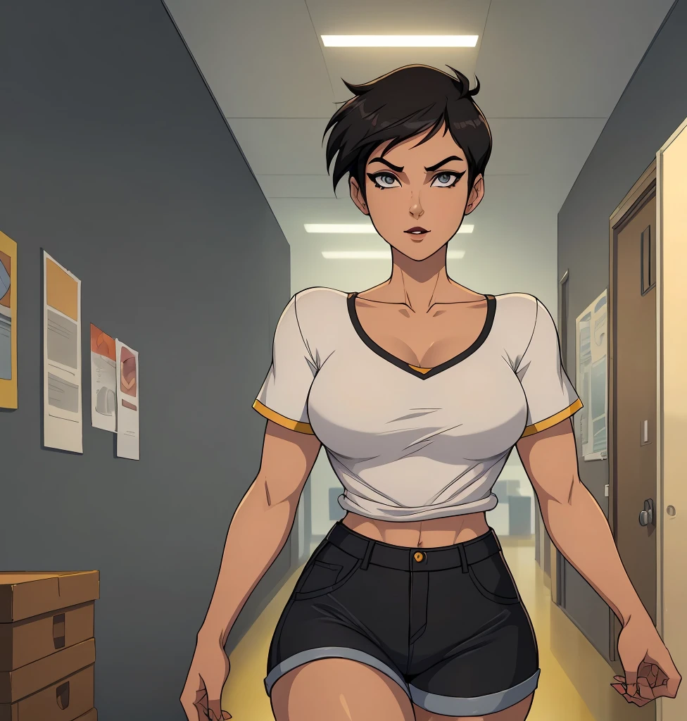 1girl, upper body, abs, small breasts, open breasts, shaved head, skirt, horny smile, horny, industrial environment, masterpiece, big thighs, nsfw
