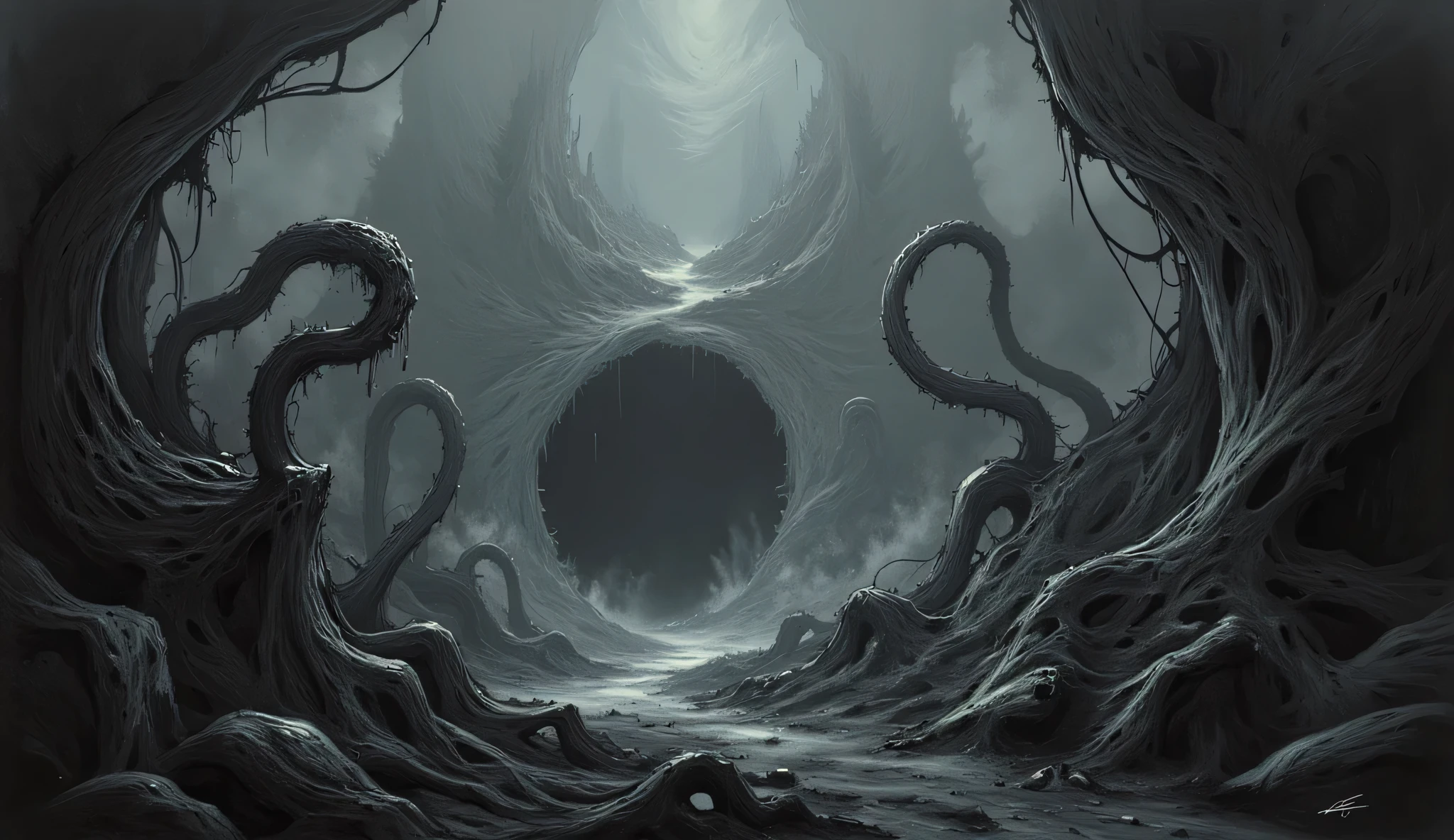 A bottomless pit deep underground, tentacles coming out of the pit writhing in all directions, very dark, shadows, darkness, hazy mist, Lovecraftian horror, high detail, masterpiece.