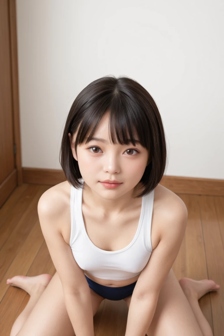 (((32ｋ,High detail,High Detail、masterpiece,Attention to detail,Whole Body Ezbian,solo))),RAW Photos & Realistic atmosphere,美しいdark brown eyes,Mouth details,Glossy Lips,Fine eyebrows,With soft white skin that shines in every detail、Detailed eyes、dark brown eyes,Very beautiful eyes,Detailed lips、Very beautiful face,Very well-formed face、A vivid face,Beautiful, shining lips, Realistic Young Gravure Idol, Young Sensual Gravure Idol, Young Gravure Idol,masterpiece, high-quaiity,(Correct Anatomy),Raw Photos, Photorealistic、Cute face,(Well-proportioned face:1.5),High resolution,Super detailed,Fine details,Very detailed,very realistic eyes and face,Embarrassed face,(Realistic Humans),Sharp Focus,natural light,day light,high quality,((Japanese))、Cute Korean idol style,Black Hair,(White T-shirt),(Bloomers),(Blue Bloomers),gym,Sitting on a gymnastics mat,Jumping box on background,The front of the body is facing the camera,the body foward to camera,((spread legs)),(10years old),10 years old、(girl),solo,short cut,Short Hair,Thighs wide apart,(Looking at the camera),flat chest,Narrow waist,Small hips、white ankle socks、White shoes,full body