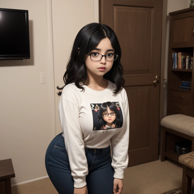(masterpiece, perfect quality:1.2), beautiful detailed. cute face, 1girl, short, , slightly chubby, medium black hair, black hair over one eye, glasses, long sleeve T-shirt, black jeans, pear shape wide hips, thick thighs, solo, indoors,