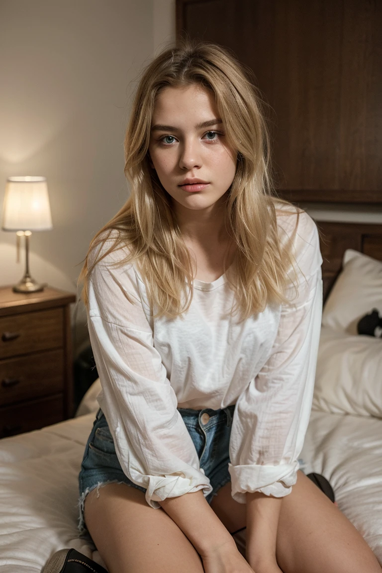 photo of Emma in a wet white tight shorts and shirt, curvey body, long blond hair, hand brushing hair, cinematic, (leaning:1.3), standing under a spot light, volumetric dust, Key light, backlight,natural lighting, photography 400 ISO, film grain, 30mm lens RAW aperture f1.8, highly detailed, detailed face, Emma Watson face