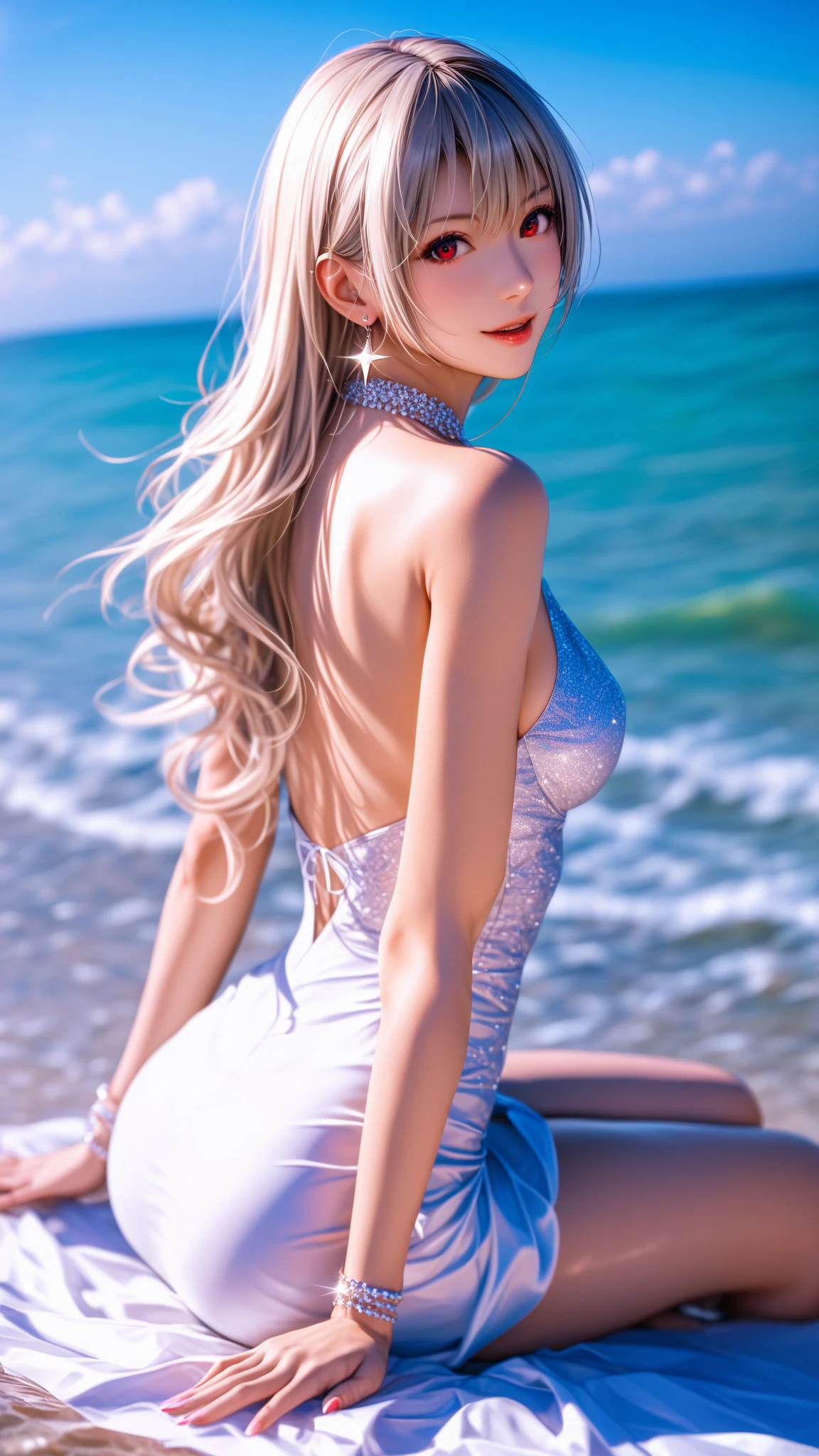full hd 8k, Girl standing in front of a dark night scene, full moonlight reflecting on her beautiful face. Her long, silky hair was gently blown by the night wind, creating a gentle and romantic feeling. She is walking on a large beach. She looked up at the starry sky, as if searching for something, her eyes showing a pensive and lonely look. The full moon shines in the night sky creating a beautiful scene. The girl has long, strands of hair, Light blonde hair, a luxurious and noble beauty. The moonlight shines on the girl's delicate face, highlighting her large, round light brown eyes, creating a natural, gentle beauty. She wore a sexyly red mini dress to create a sexy beauty. These images capture detailed panoramic portraits and views of the sky and sea. All create a beautiful, wonderful picture that makes people unable to take their eyes off the scene. All of these details are depicted clearly and sharply, creating sexyly poses,