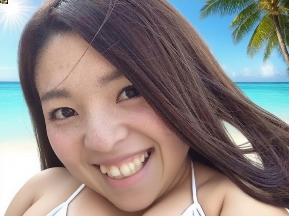 Fat Woman, Obese, Big Size, Round face, Double chin, Overweight,Shoulder-length fluffy hair , Swimwear,Micro Bikini,field ,Looking at the camera,smile
