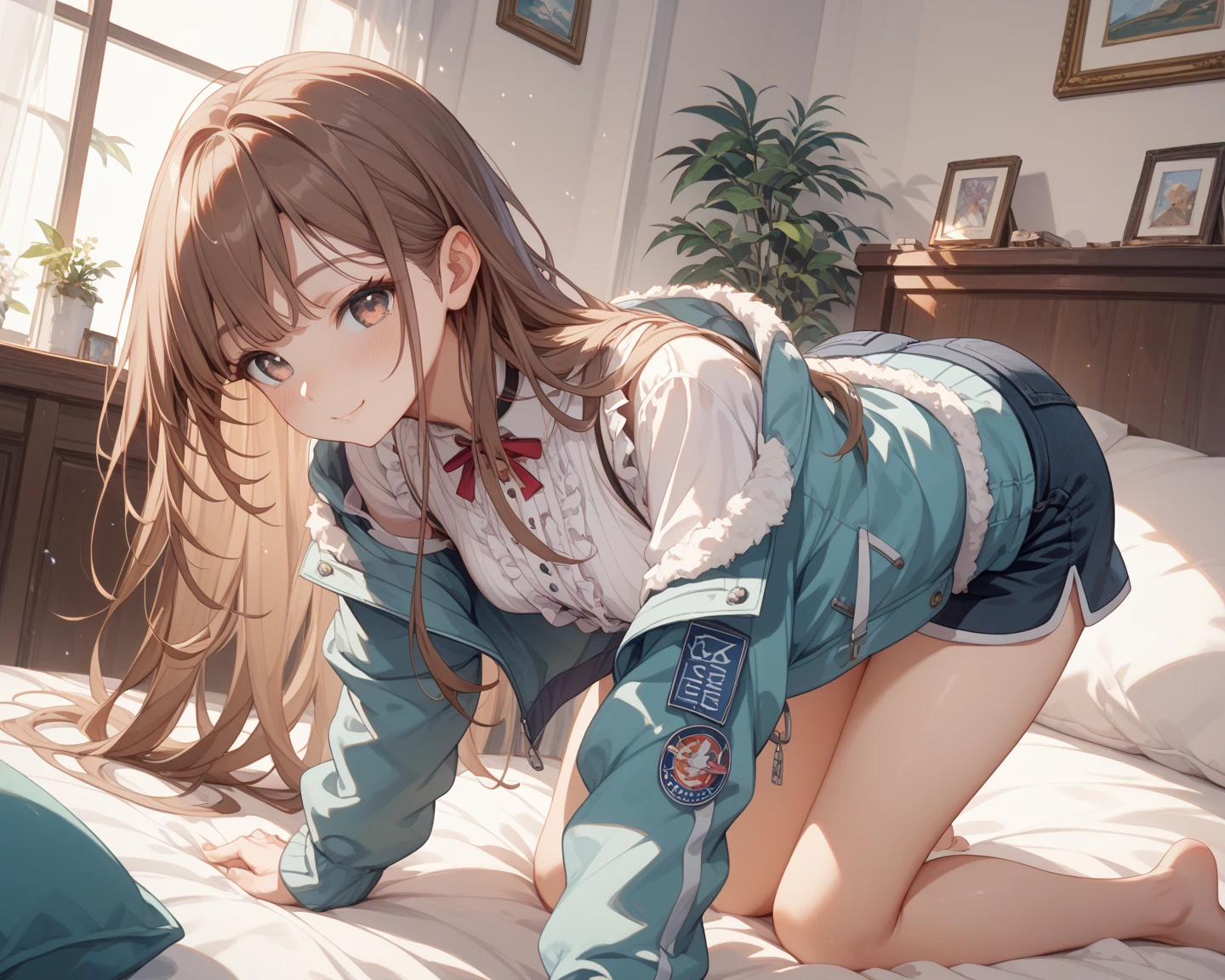 (masterpiece, Highest quality), (((Perfect Anatomy, Anatomically correct))), ((1 Girl)), Long hair, Braiding、Blunt bangs, Light brown hair, happiness, Green Eyes, hair ornaments, School_uniform, short_Dispel, just_feet, blue sky, window, Front view, Insights,The body is slim, Compresses on the chest, ((Beige cardigan,Green pleated skirt、Blue Neck Ribbon、White knee-high socks)),Pastel colored pantiesが見えている、((Pastel colored panties))、((Shiny panties))、((Normal location:1.4))、(((Straddle))),((feetを開いて座らされた…))、((orgasm:1.6)),((((M-shaped legs:1.1))),((Lift up your shirt:1.5)),((Showing off your bra)),(((Lace bra))),Award-winning bra designs、Random Color Bra、((((M-shaped legs:1.1)))、((orgasm:1.3)),((((M-shaped legs:1.1))),(((Sex with a man))),(Vagina Penis),Erotic atmosphere,Stupid,shortness of breath:1.6,((Pussy juice:1.3))