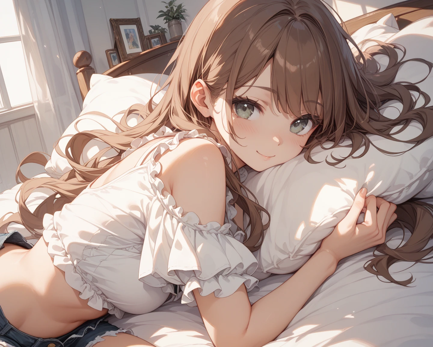 Masterpiece, Best Quality, Official Art, (Highly Detailed CG Unity 8k wallpaper), Detailed background, (Hands by Guido Daniele: 1.1), Feet out of frame, First Person View, 1, Beautiful woman who is attractive and perfect, Lying face down on the bed, Turning back, (Curvaceous), (((Sleepy: 1.14))), (Ass sticking out, Pajamas, Sleepwear, Underwear, White thighs: 1.12), ( Brown Long Hair: 1.12), (Ahoge: 1.13), (High Ponytail: 1.12), (Green Eyes: 1.13), Look at the Beholder, Big, (cleavage), Beautiful Face, (Blush: 1.11), (Smile: 1.11)