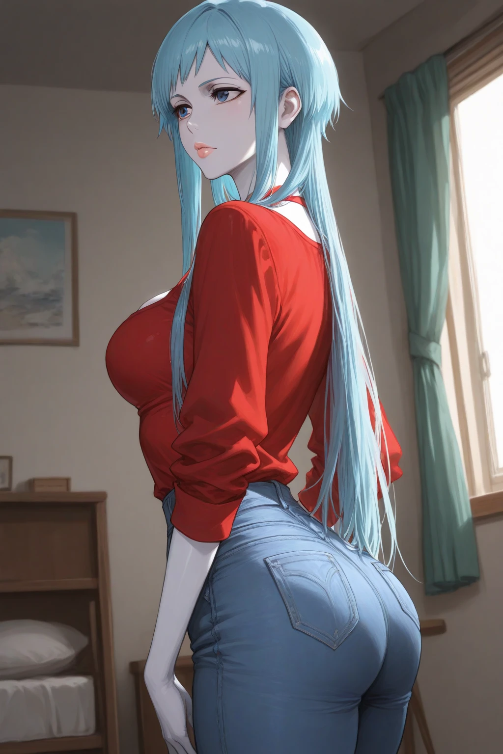 ((((masterpiece, best quality, high resolution)))), Extremely detailed 8K, Beautiful girl with voluptuous body, (Ultra HD, Ultra-detailed, Highly detailed, Highly realistic, Ultra-realistic, photograph realistic), (1girl:1.5), (Realistic  hair), (blue hair, long hair, bangs,), (dynamic poses), facing at camera, looking at viewer, (, embarrassed, smile), (hazel eyes, sharp eyes), (big perky breasts:1.2), (beautiful detailed face, beautiful detailed eyes), ((naked)), (hands spreading ass:1.3), sweat, glow, (sunbeam, sunlight), ((cowboy shot)), bedroom, seductive, viewed_from_behind, visible back, butt_cheeks
