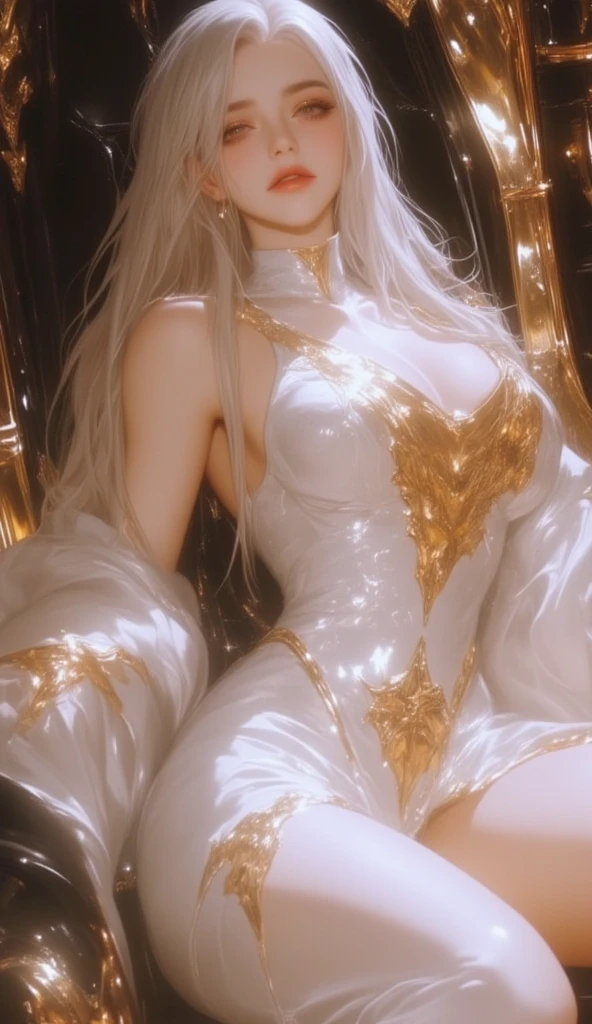((Best quality)), ((masterpiece)), (detailed:1.4), 3D, an image of a beautiful female with thick voluminous hair,light particles,HDR (High Dynamic Range),Ray Tracing,NVIDIA RTX,Super-Resolution,Unreal 5,Subsurface scattering,PBR Texturing,Post-processing,Anisotropic Filtering,Depth-of-field,Maximum clarity and sharpness,Multi-layered textures,Albedo and Specular maps,Surface shading,Accurate simulation of light-material interaction,Perfect proportions,Octane Render,Two-tone lighting,Wide aperture,Low ISO,White balance,Rule of thirds,8K RAW,(very thin waist),(cleavage),((pale blonde)),(long hair),(skinny arms),ultra detailed 8k cg, ultra realitsic, masterpiece, spotlight, royal palace, cinematic lighting, cinematic bloom, professional photography, absurdly long hair, very long hair, white hair, divine goddess, queen, gorgeous female, lace lingerie, lace trim, lace bra, lace thong, lace-trimmed legwear, thighhighs, elbow gloves, pearl necklace, gold, jewelry, shiny, glint, diamonds, formal, epic, grand curtains,((solo)),(1 girl)),((huge breasts)),((prone))