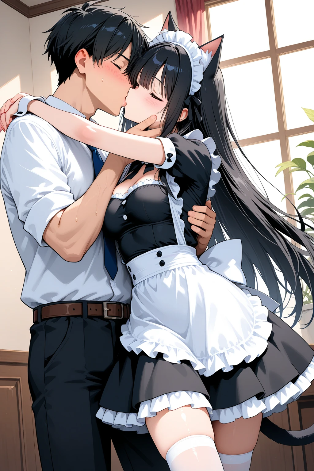[GENERATED BY 7th anime XL-Pony A:100]
score_9, score_8, score_7_up, source_anime,
masterpiece, highres, ultra detailed, 8k , best quality, extremely detailed face, perfect lighting,
beautiful skin, shiny black hair, black long hair, blush, ears blush, 
 in narrow restroom stall, (intercourse with a man), (suspended congress:1.4), (ass focus, ass grab, standing, hug, leg lock, breast press, straddling, arms around neck, lifting person), (closed eyes, open mouth,perfect anatomy, (vaginal penetration), (thick penis,) cum, pussy,kiss, perfect anatomy, wear condom, 1smiling idol (wearing sky-blue cute maid-style idol costume), (1shy crying boy ((with tear))), ((blush, ear blush), idol’s sweat, heavy breath, moisture, from below, round butt