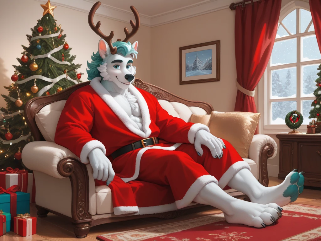 Christmas tree, erection, big dick, ribbon on dick, blue wolf, pre-cum, Christmas hat, dripping