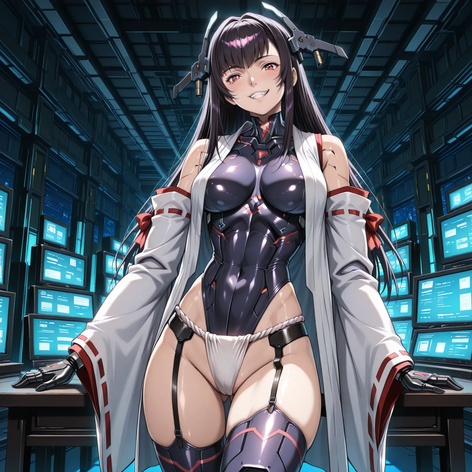 ultra-detailed, Explicit, Beautiful body, Beautiful Nose, Beautiful character design, perfect eyes, perfect face, ultra highres, 4K, beautiful legs, perfect legs, Nice hands, Perfect hand, Masterpiece, Best Quality, Highly detailed, illustration, absurdres, perfect anatomy, street fighter, doll suit, shadaloo doll, dollsuit, expressionless, blank eyes, looking at viewer, red gloves, emotionless, black latex, corrution, mind control, female combatant, full body, hypnotized, unhappy trance, full body suit, ribbed bodysuit, both arms at side, obey, perfect female body, extremely glossy latex, hypnosis, hypnoLora, empty eyes, Mind control device, poses, submissive_pose, Slave, standing straight, standing, standing at attention, hat, necktie, belt, latex, ribbed bodysuit, thighhighs, garter belt, Fighting Stance, extending the right arm from the shoulder into the air with a straightened hand, military, thigh boots, black pantyhose, (((pixel-perfect, detail-perfect))), solo, 1girl, hair ornaments, 1GIRL,PINK EYES,SIDE PONYTAIL,LONG HAIR,BLACK HAIR,ARCHITECTNORMAL,BELTS,SANGVIS FERRI, huge breast, spread legs standing, haigure pose, open hands, spread legs