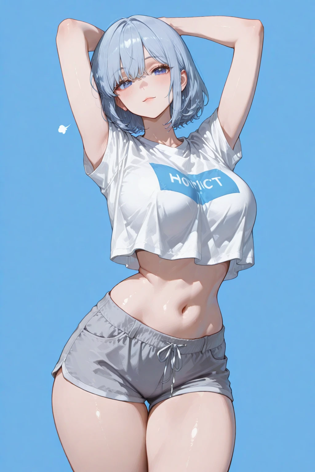 Cute girl, short gray hair, short-sleeved blue T-shirt, short blue skirt, big breasts