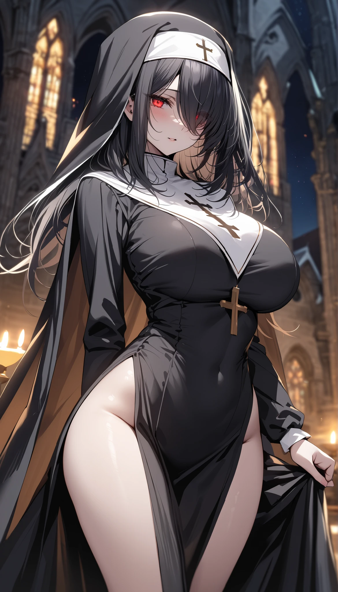(((destroyed medieval town, collapsed Church))), brown hair, brown eyes, medium breasts, (wearing nun's uniform), (torn clothes), no bra, bottomless, show off pussy, disdain, contemptuous, disgust, scared, cry, skyporn, Areola, puffy niples, nipples through, ((best quality)), spread pussy, sexual fluid, pussy juice, drooling, dirty skin, on the altar, be sacrificed