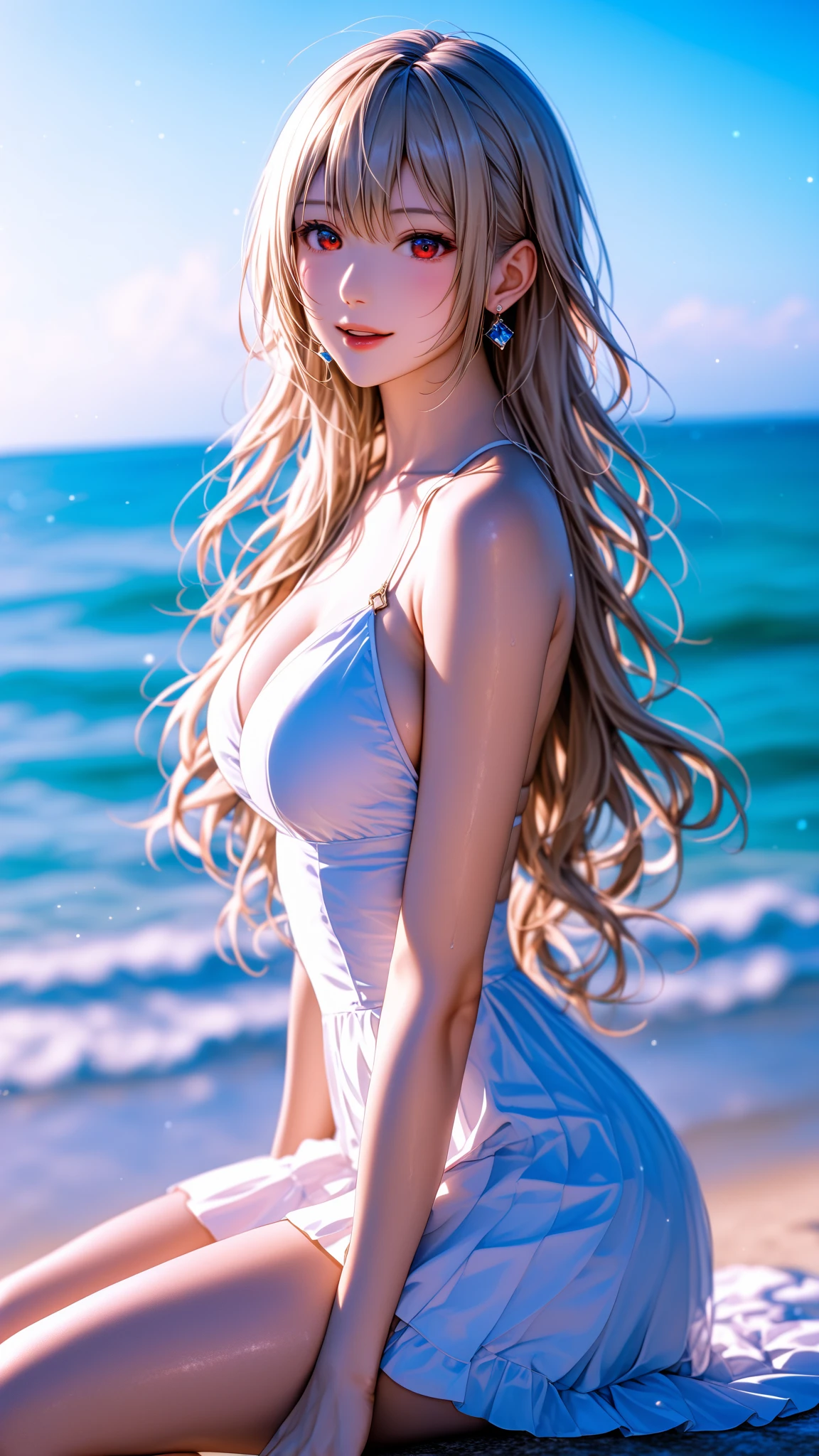 delicate and beautiful CG artwork),(best quality, ultra-detailed, high resolution),(dynamic angle, dynamic lighting),(1 character),(long pink and blonde hair), blue eyes, beautiful face), 1 girl, (long sideburns, plants, smile, long blue dress, 3 d, ocean, water, beach ball, sea shells, sunny, windy