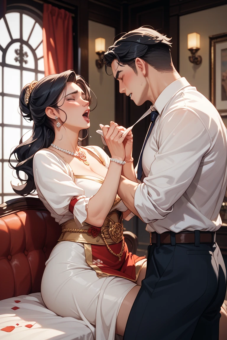 A mature woman, long black hair tied up, black eyes, thin lips, round face, huge breasts ((with cleavage)) wide hips, wearing a long dress with an apron, sitting on the sofa answering the phone, looking shy, behind her, a man mature man ((her husband)) roasting meat on the barbecue and a boy. 10 years ((her son)) helping with detailed and perfected meat art, ambiance of the house's leisure area, representing a family, the unfaithful wife on the phone sitting on the sofa while her husband roasts meat on the barbecue with their son, both two smiling