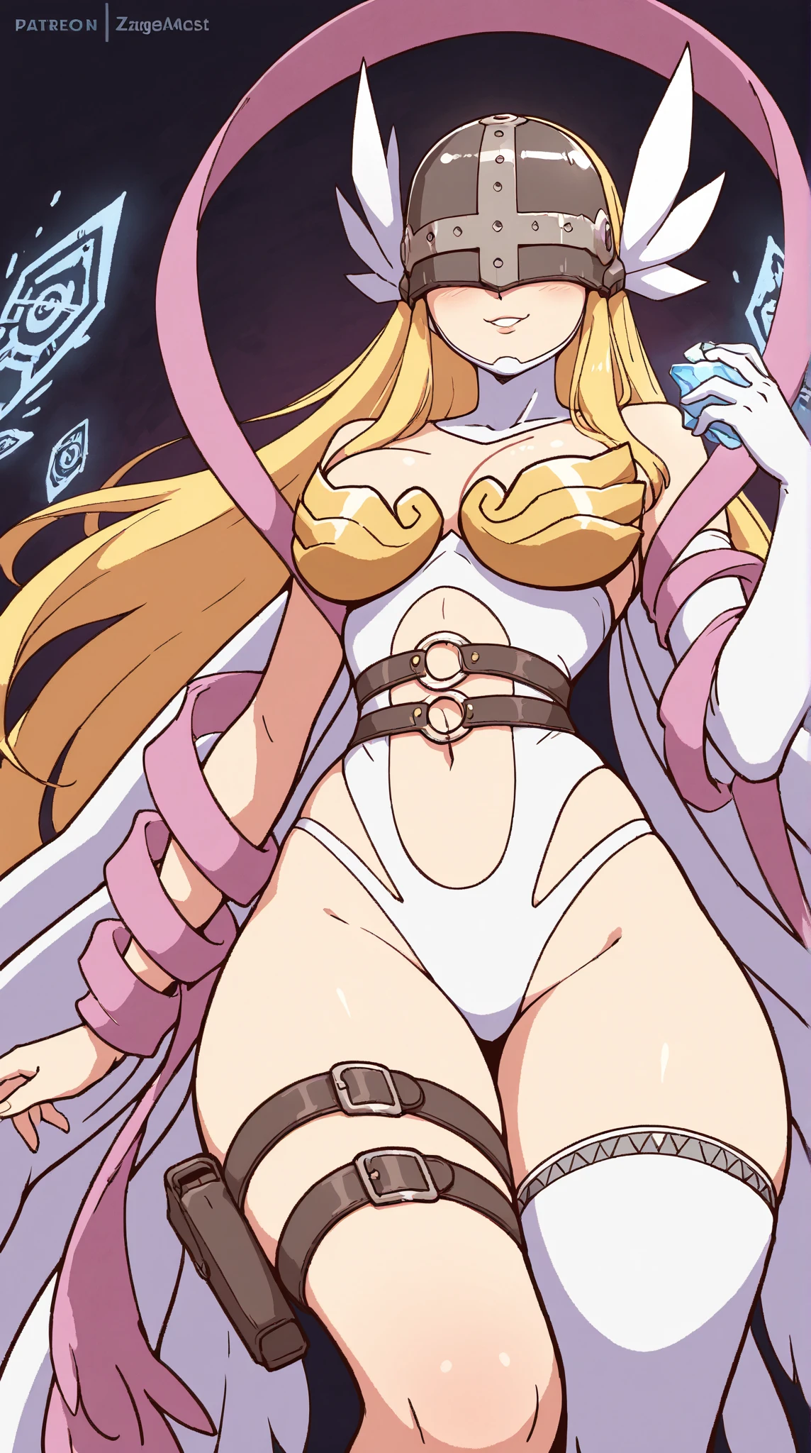 (masterpiece, best quality, plain background:1.2) full body standing height straight symmetrical looking to the viewer, view from below, cowboy shot, extremely long hair, ponytail, perfect anatomy 1girl tall solo, slim thick, ((muscular)) high elf toned body, silver breast plate, blue cape, slender abs, hourglass waist, detailed face, defined cheekbones, puffy lips, gauntlets, gold crown, shadow over eyes, white thigh highs lingerie