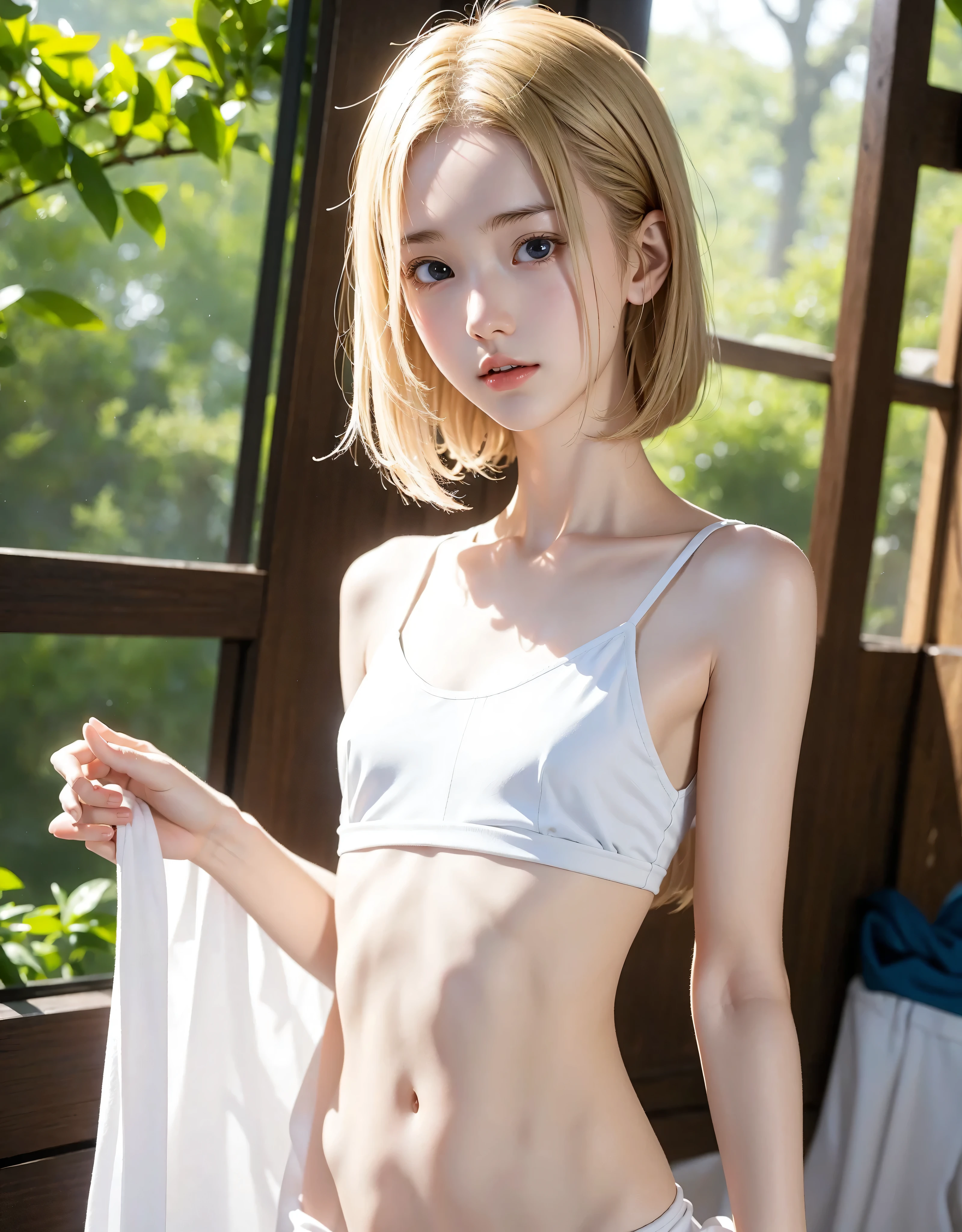 Best Quality, Masterpiece, Beautiful and Aesthetic, 16K, (HDR: 1.4), High Contrast, Bokeh: 1.2, Lens Flare, (Vivid Colors: 1.4),cinematic lighting,depth of field, film lighting, ambient light, side light, exquisite details and textures, cinematic lens, warm tones, (bright and intense: 1.2), wide-angle lens, hyper-realistic, (knee-length view), BREAK 1 girl,Japanese,22 yo,beautifull detailed face,A smile with a little visible teeth,(Slender body:1.5),((Wearing a hoodie)),pastel clothing, ((Have a small handbag)), Beautiful detailed skin,Skin Texture,Floating hair,((fluffy hairstyle)),(Brown short wavy pixie hair over one eye:1.3), saggying breasts with good shape,(cleavage),cheerful pose,day,daylight,outdoor,braless,Sportsbra,sports shorts,(mideum shot:1.3),