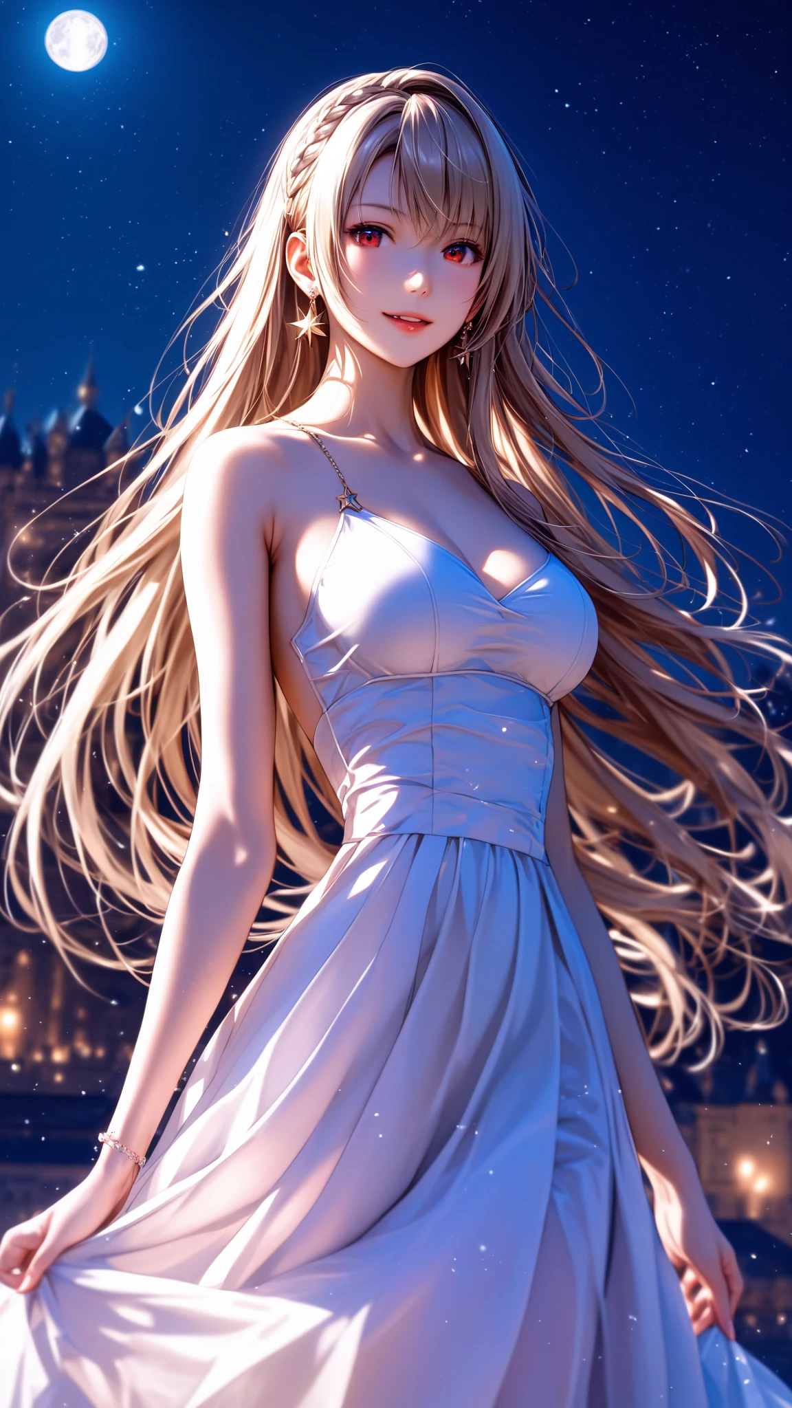 ((Ultra resolution 8K)),Un primer plano de una mujer con un vestido blanco en movimiento con cabello largo y morado, ((hermosos ojos )),((muy bien detallados)),ojos morados y vestido blanco, Diosa , Himno del Rey como Princesa, ((rostro europeo)),Chica hermosa ,((rostro griego), con pelo largo, Princesa de Amatista, Misato Katsuragi, Princesa bella, La diosa griega Atena