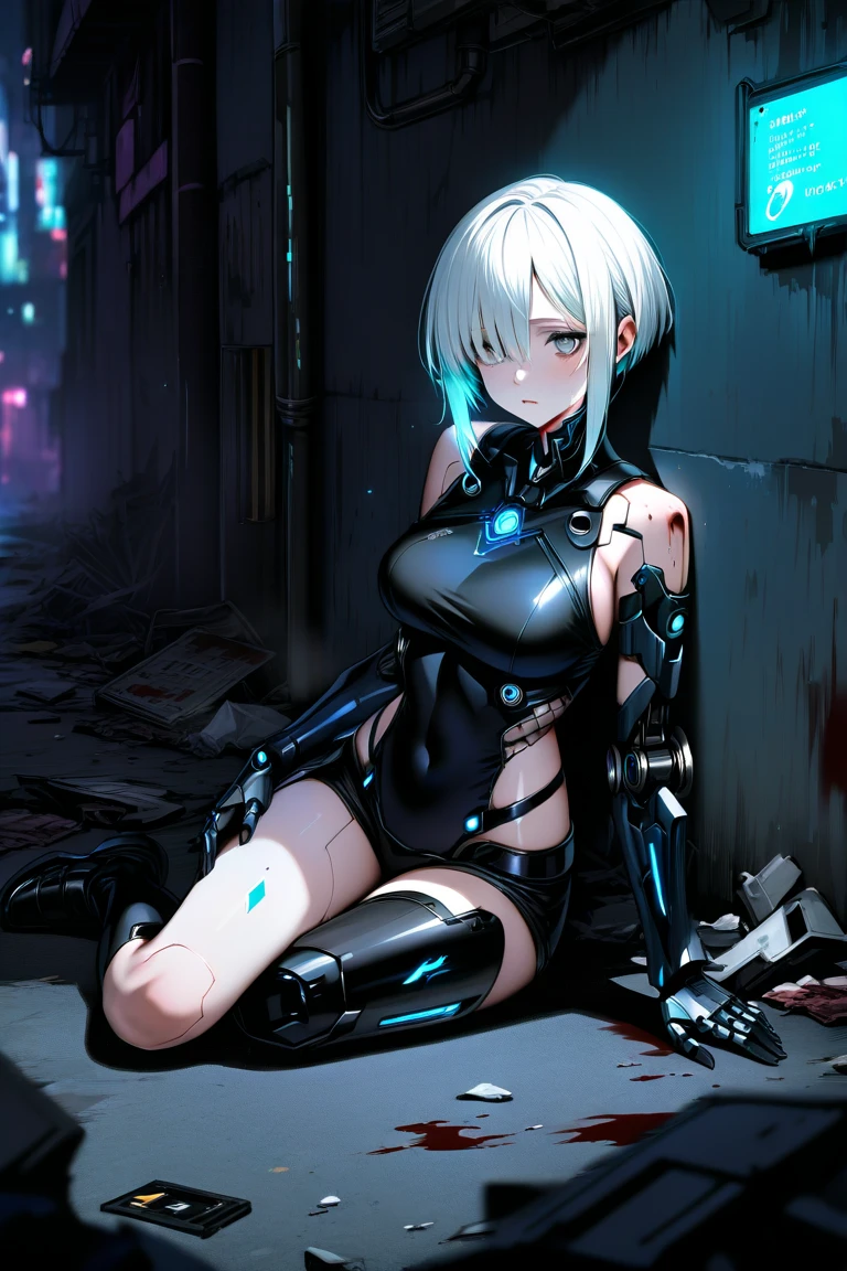 (masterpiece, top quality, best quality, official art, beautiful and aesthetic, absolutely-impressive-detail shadowing:1.2), 1girl, mechanical parts, android, heavily damaged, missing limbs, dead eyes, short light blue hair, passed out on the floor, laying down, dark alley, outside, zero emotions