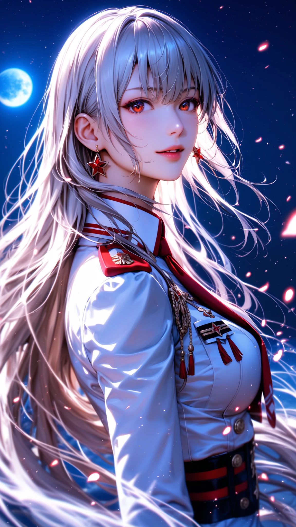 long white hair,Lips slightly open,lips in red,Shimmering eyes,starryskybackground,Cut clothes,The upper part of the body,schoolgirls,slightly red face,Realisticstyle。