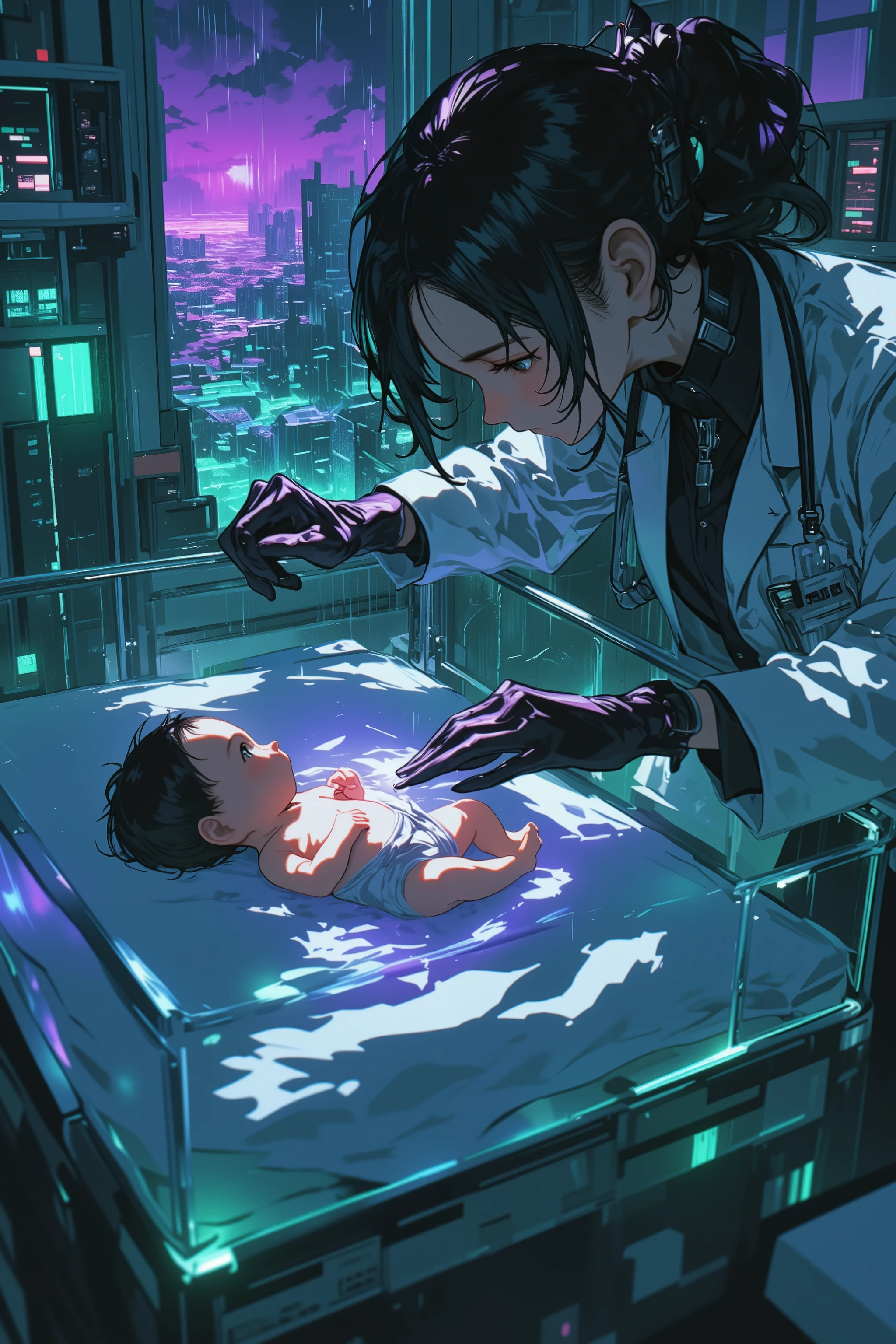 the baby in the incubator case and the female doctor treating it、the doctor's clothes are futuristic suits and white coats。Close up on the serious face of a female doctor、
The background is a hospital that is about to break down、Polluted seas and sinking ruins bubbling with a mixture of purple and green outside the window、 Black Rain 、Dark End of the Century Sky,masterpiece
