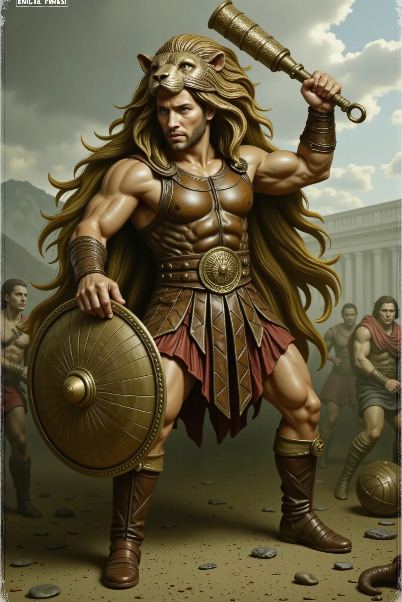 Hercules in full-body battle pose, wearing a leather armor sculpted to his muscular form and a lion helmet roaring with heroic ferocity, standing ready with clenched fists and fearless eyes amidst a dramatic battlefield setting.