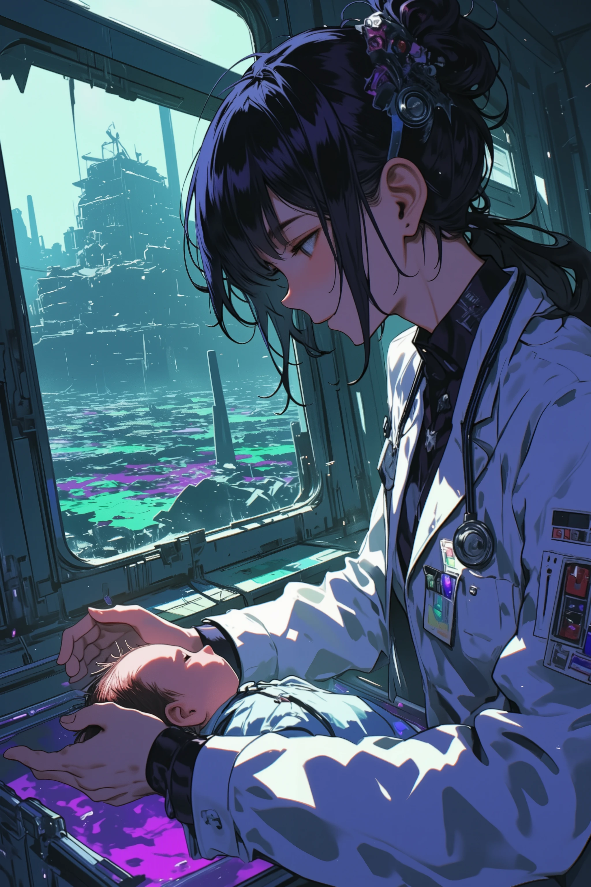 the baby in the incubator case and the female doctor treating it、the doctor's clothes are futuristic suits and white coats。Close up on the serious face of a female doctor、
The background is a hospital that is about to break down、Polluted seas and sinking ruins bubbling with a mixture of purple and green outside the window、 Black Rain 、Dark End of the Century Sky,masterpiece