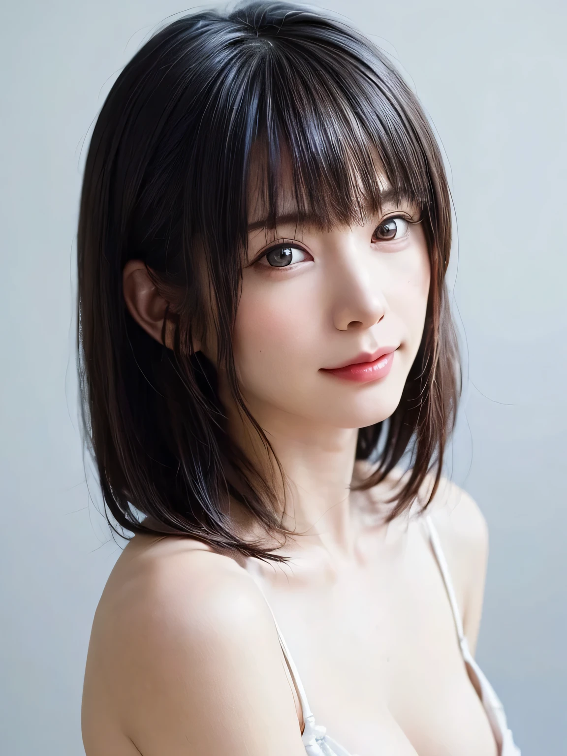 1 girl, alone, Beautiful Skin, very detaileded, ultra detaileded, Ultra-high resolution, (Photorealism:1.4), (highest quality), (Best Shadow), detailed, Perfect lighting, Black Hair, ((Showpiece, highest quality, High precision)), One Girl, (Realistic: 1.4), (look up at the camera even a little, カメラをlook up, look up, look up at the camera, Looking into the camera))), alone, White Background, snow-White Background, shut up., smile, pretty Black Hair, short hair:1.6, Big eyes, Beautiful double eyelids, eyelash, listen, Long neck, 美しいLong neck, Absolute area, ((Face close-up, short hair with bangs、Short Bob Hair:1.5、Off the shoulder)), 19 years old, Attractive proportions, Shiny skin, Beautiful clavicle, Golden ratio face, Perfect Face, Teardrop-shaped mole, Mole on chest, bangs, clean bangs, beautiful bangs, Lip gloss, Thin lips, White skin, I took off my clothes, Small face, Small face, 少し上を向いてLooking into the camera, ((smile a little for the camera, really nothing pure White Background, Listen carefully, big 胸、Dynamic Angle:1.5、Safe at Work:2))