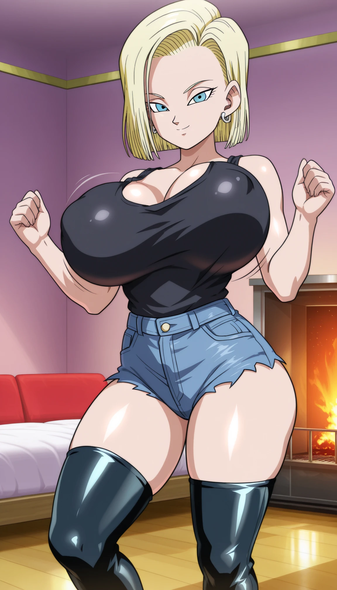 Dragon Ball, Android 18, 1 girl, ((bimbo))), short blond hair, blue eyes, puffy lips, painted lips, thick lips, evil smile face, wide hips, thick thighs, enormous round fake breast, huge round Bella bellz ass, oily shiny ass, high waist jeans, black top, gothic style,