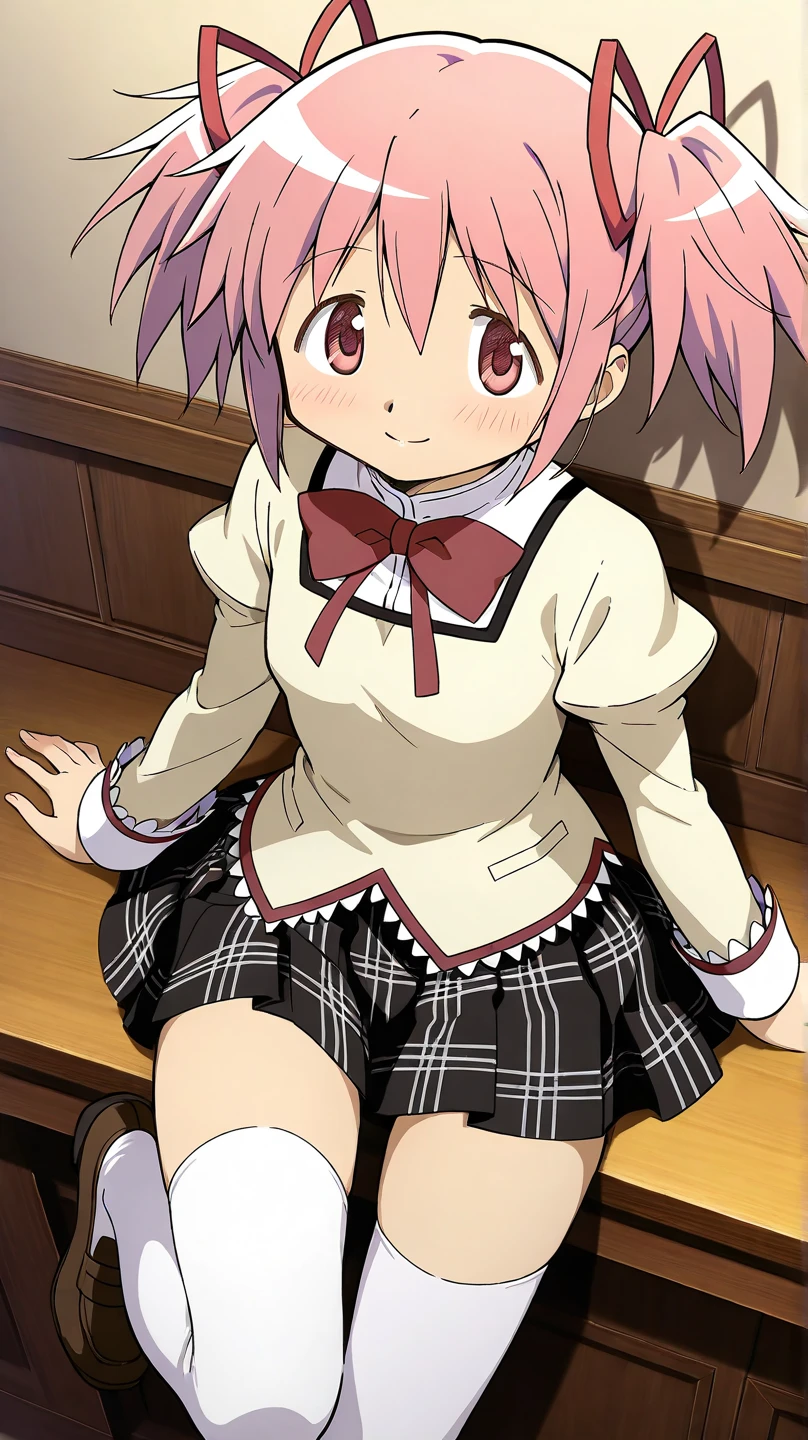 masterpiece:1.5, high quality, blush, smile, closed mouth, looking at viewer, white panties, madoka, school uniform, black skirt, two side up, short twintails, pink hair, ((flat chest, slender)), lanky, Skinny body, petite body, Slim Body, Slim waist, Slim legs, Slim hips, bare knuckle, lift skirt, skirt lift, lifted by self, , indoors, classroom, looking at viewer, from below, cowboy shot