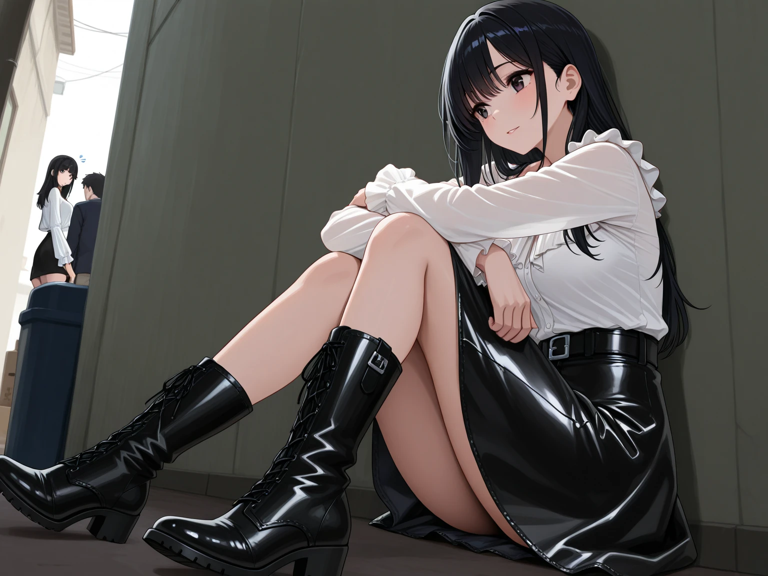 dynamic angle, absurdres,original,extremely delicate and beautiful,beautiful detailed eyes and face,1girl, black_hair, looking_at_viewer, solo,(masterpiece:1.4),(best quality:1.4),black leather boots, large breasts, black hair, red eyes, very long hair, school uniform, white shirt, pleated skirt, collared shirt, blunt bangs, <lora:knbotz-000006:0.65>