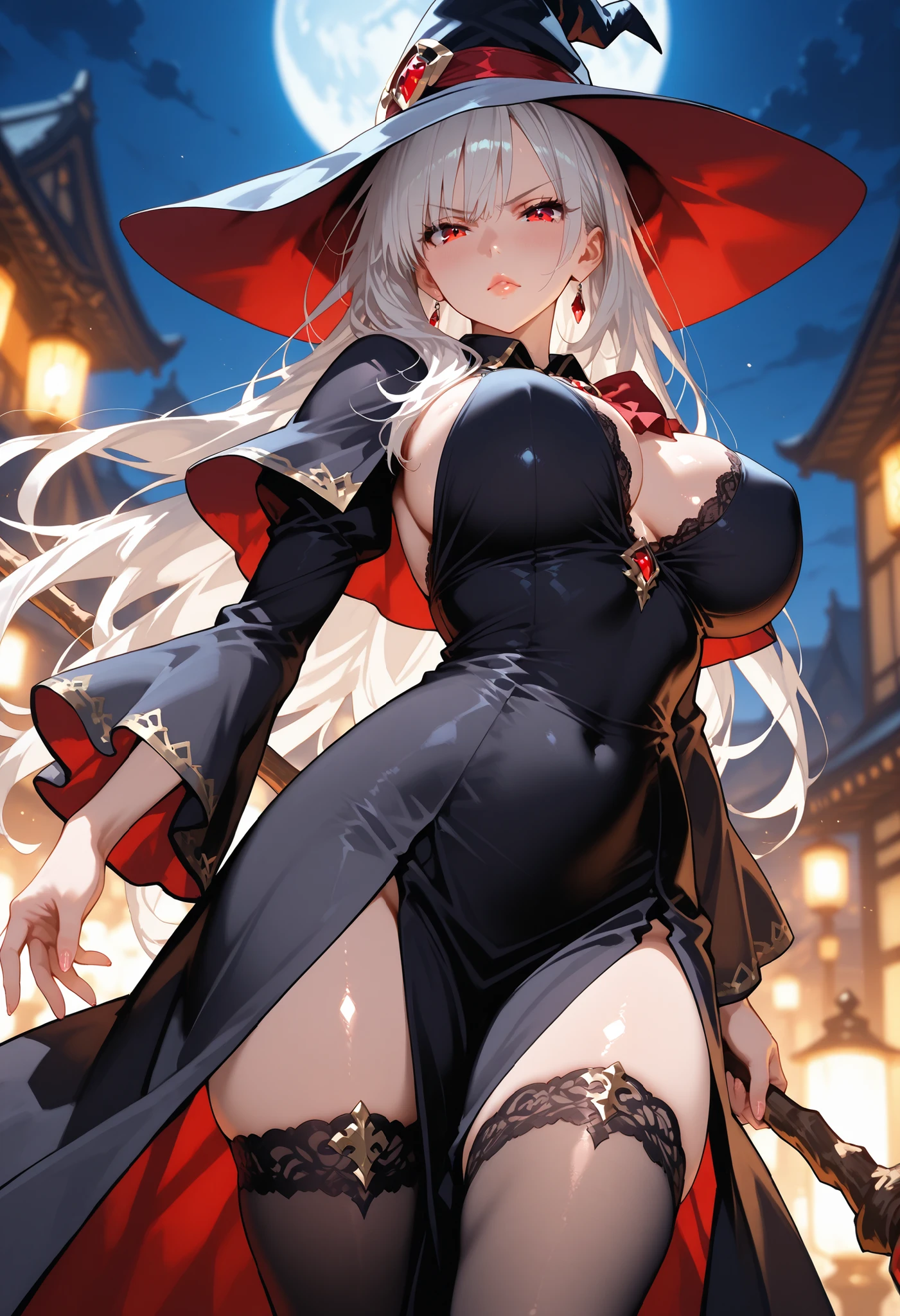 ((high quality)), ((masterpiece)), anime, best, night, full moon, 1 female, Best quality, 8k, 32k, high resolution, unity 8k wallpaper, illustration, anime style, perfect lighting, extremely detailed CG, dynamic light, 1girl, solo, fgobritomart, long hair, twintails, navel, elbow gloves, gloves, damaged red leotard, frills, thigh strap, black hood robe, smile, maniac smile, open mouth, crazy, evil, blood on face, bloody, dynamic pose, erotic, shadow face, glowing eyes, medieval village on fire, destroyed wooden houses on fire, smoke, ruined, explosive, night, blood moon,