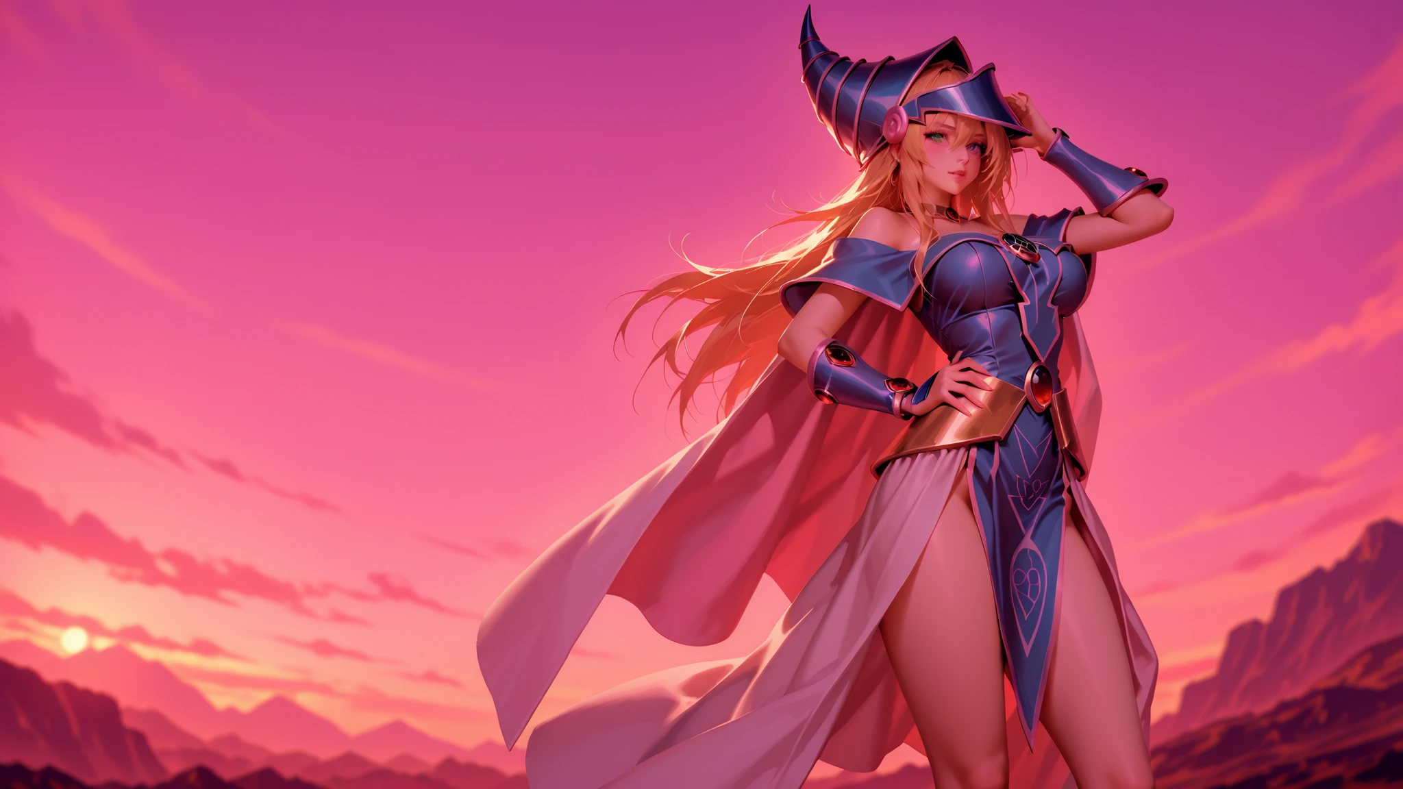 top masterpiece 、 More Details、 beauty、 top quality、 black magician girl、 bold pose、 modest bust size、 slightly visible 、 outdoor、 fantasy world. Templo maya de Tikal en Guatemala.