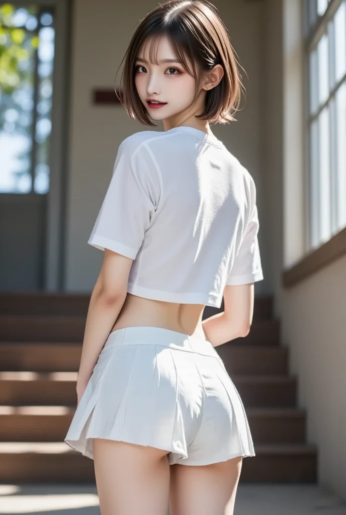 (((masterpiece, highest quality, Super detailed))), 1 female, (((very thin body))) , (((length, thin legs))), (((short black bob, thick puffy bangs ))), (((highly detailed face))), cosmetics free, small thin nose, small thin mouth, (((Very sharp focused eyes))), Large slit precision pale grey eyes, shine like a jewel, length eyelashes, realistic, erotic pose,acrobatic pose, (shot from below), (intricate details, exaggerated details, ultra high resolution), self-portrait, (1 girl, beautiful, delicate face, innocent, Fair skin， ), ((Oversized white T-shirt,red loincloth), small waist, (wide thigh gap):1.2, (wide thighs):1.2, (masterpiece)，color photo，