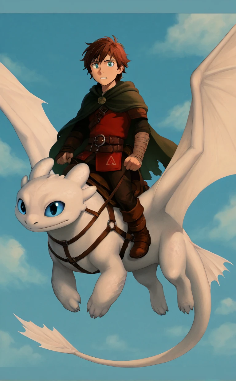 "Anime-style illustration of a teenage boy resembling Hiccup from 'How to Train Your Dragon', wearing a red tunic-style shirt, dark pants with a brown leather belt, and rugged brown boots. Over his shoulders is a white cloth cloak like a mantle, flowing behind him. His left hand is a metallic prosthetic with an old, steampunk look. He is confidently riding a full-body white dragon (Light Fury), with sleek scales, large expressive blue eyes, and glowing skin. The entire dragon is visible in the image, wings spread wide in flight. Background: bright sky with scattered clouds. Dynamic anime composition with heroic energy and wind-blown clothing