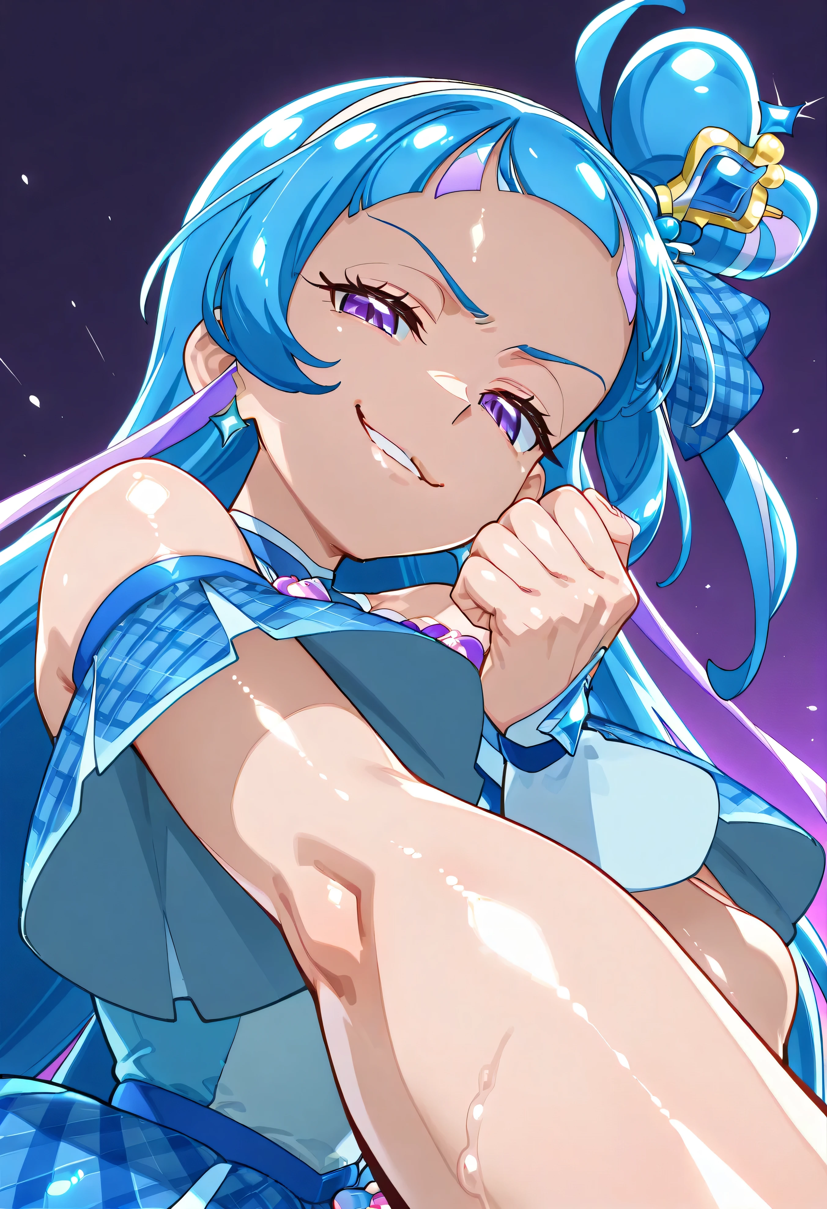、  look down、from below、 BREAK、cure ink 、Cure Winx  、idol you and idol Pretty Cure blue hair、Magical Girl、 mini crown、PURPLE EYES, blue dress ,Angled hat,Very Long Hair,sober bang,Bareshoulder,Headband,,,nsfw,(Smirk:1.8),obscene,top quality,very detailed images,single,1 girl,(shiny skin:1.7),