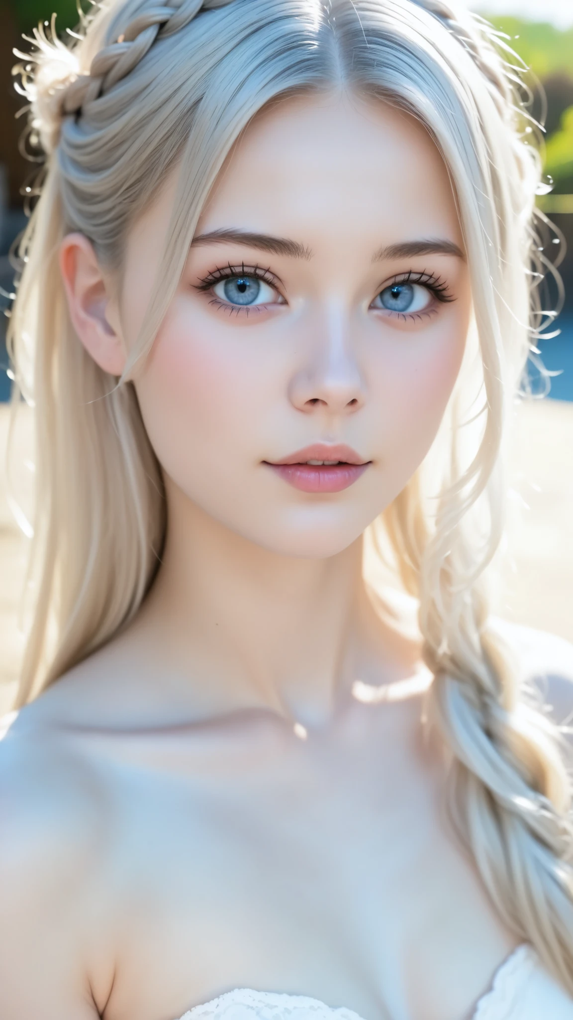 best quality 、masterpiece、 raw photo、  film grain 、８ｋ、(((upper body portrait、Belly button)))、cute gang、 Face direction 、very cute girl 、cute face、perfect beauty、Albino Girl、pale face_eye_lips、black lips、Highly detailed eyes and face、 gray hair:1.37、 French Braid :1.48、 Blue and white skin、Light-pigmented eyes、MERCILESS