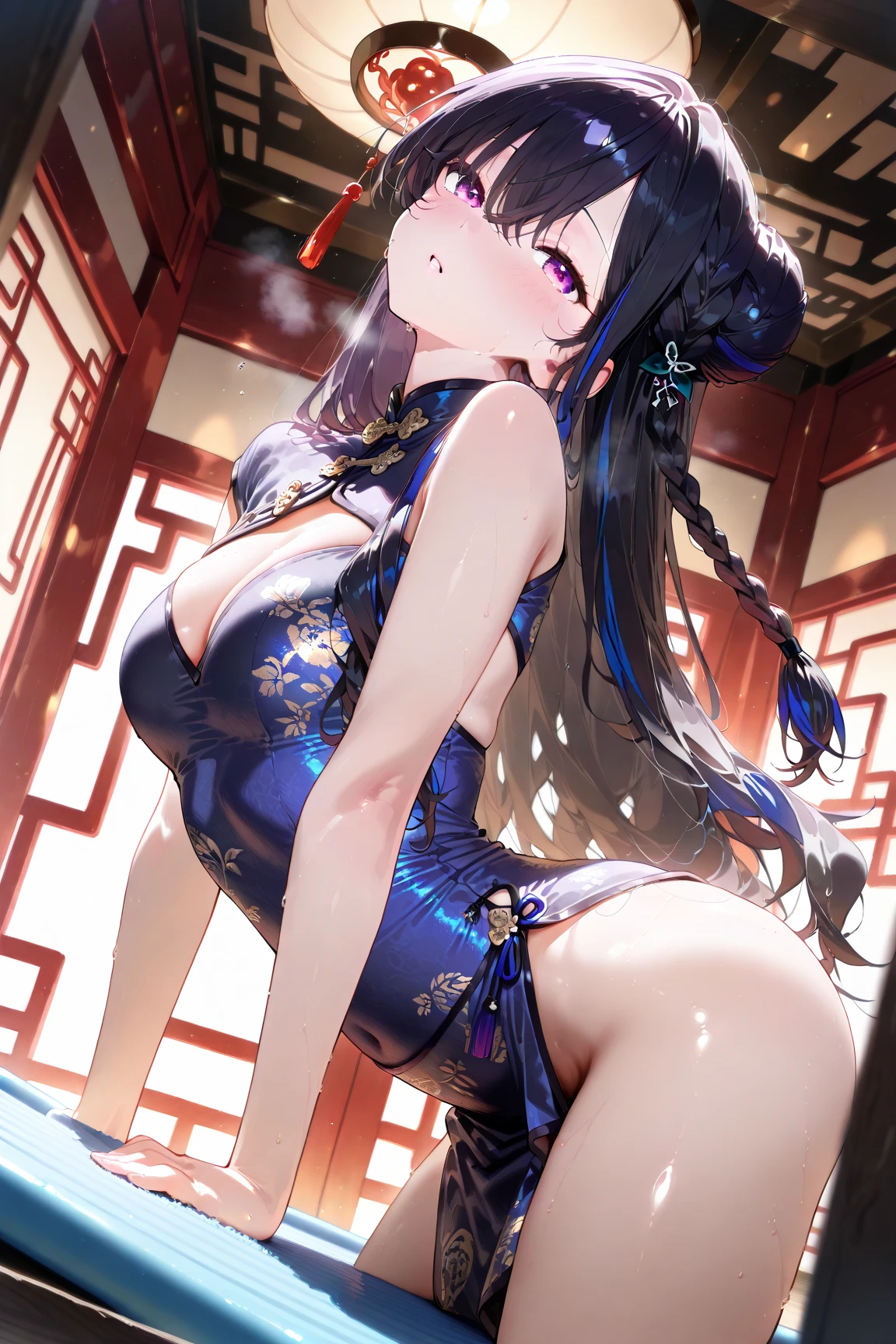 （Enrich the picture，Masterpiece level quality）Beautiful 8K CG artwork，Goddess-like posture，Kneeling exercise，Slim and soft，Translucent skin，Black hair、The beauty of extra-long hair, Super Long Straight Hair，The skin is fair and juicy，Underwear uniforms，Perspective Part 1.2x enhanced silhouette effect，Exquisite transparent blues pattern in pajamas，The details are intricate and exquisite，The background is slightly blurred，Charming and lustful leg seduction，Drool，Extra-large big breasts，Blush，Japan goddess，Perfect body slim curves，chiffon dress，