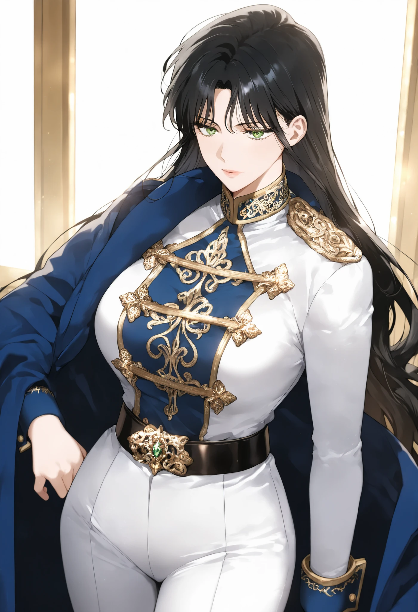 masterpiece, best quality, very detailed, , masterpiece, best quality, eyelashes, (Beautiful Eyes), cowboy shot,, Official webtoon Illustration, Official artwork,,1woman,long black hair,green shinny eyes,jacket with ornate gold decorations on the chest,cuffs,collar,featuring decorative shoulder cords.A belt at the waist securing the jacket in place. Slim, straight-cut white trousers