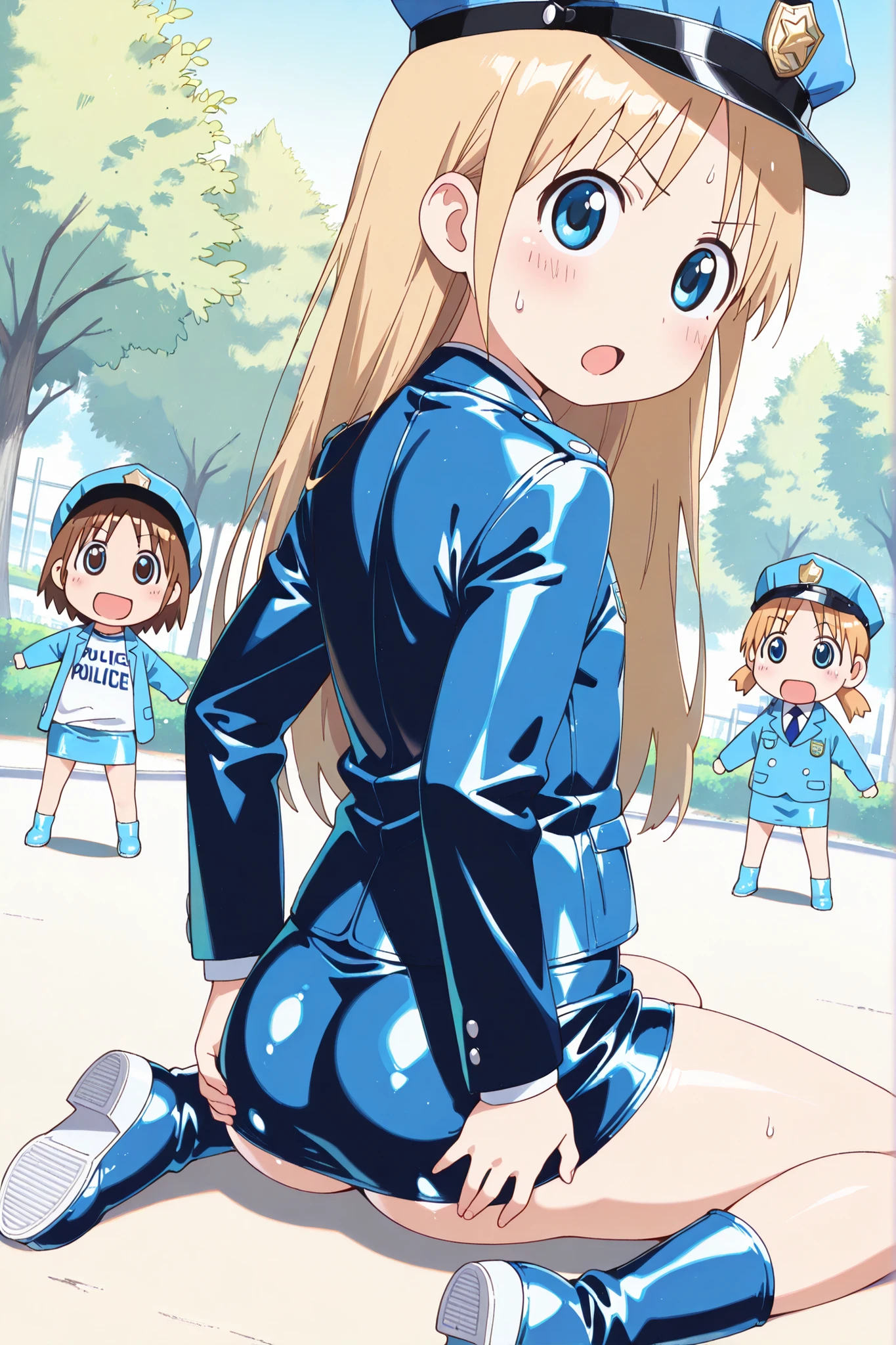 (((anime style))),score_9, score_8_up, score_7_up,masterpiece, best quality,ultra detail,1girl,((solo)),yasuna oribe,koiwai yotsuba,hakase shinonome,,(toddler), ((long hair)), (blue eyes), ((blonde hair)),(round eyes),((((back shot)))),((park lawn)),((blue Police Uniform)),((police hat)),(((blue leather blazer))),(long sleeve),(((((shiny leather blue mini skirt))))),((blue leather boots)),((white shirt)),((Flat Chest)),((dramatic angle)),((Hands on own ass)),
,(((wariza))),((((A glimpse of her thin thighs)))),looking back,((looking at viewers)),open mouth,sweat,blush,v-shaped eyebrows,